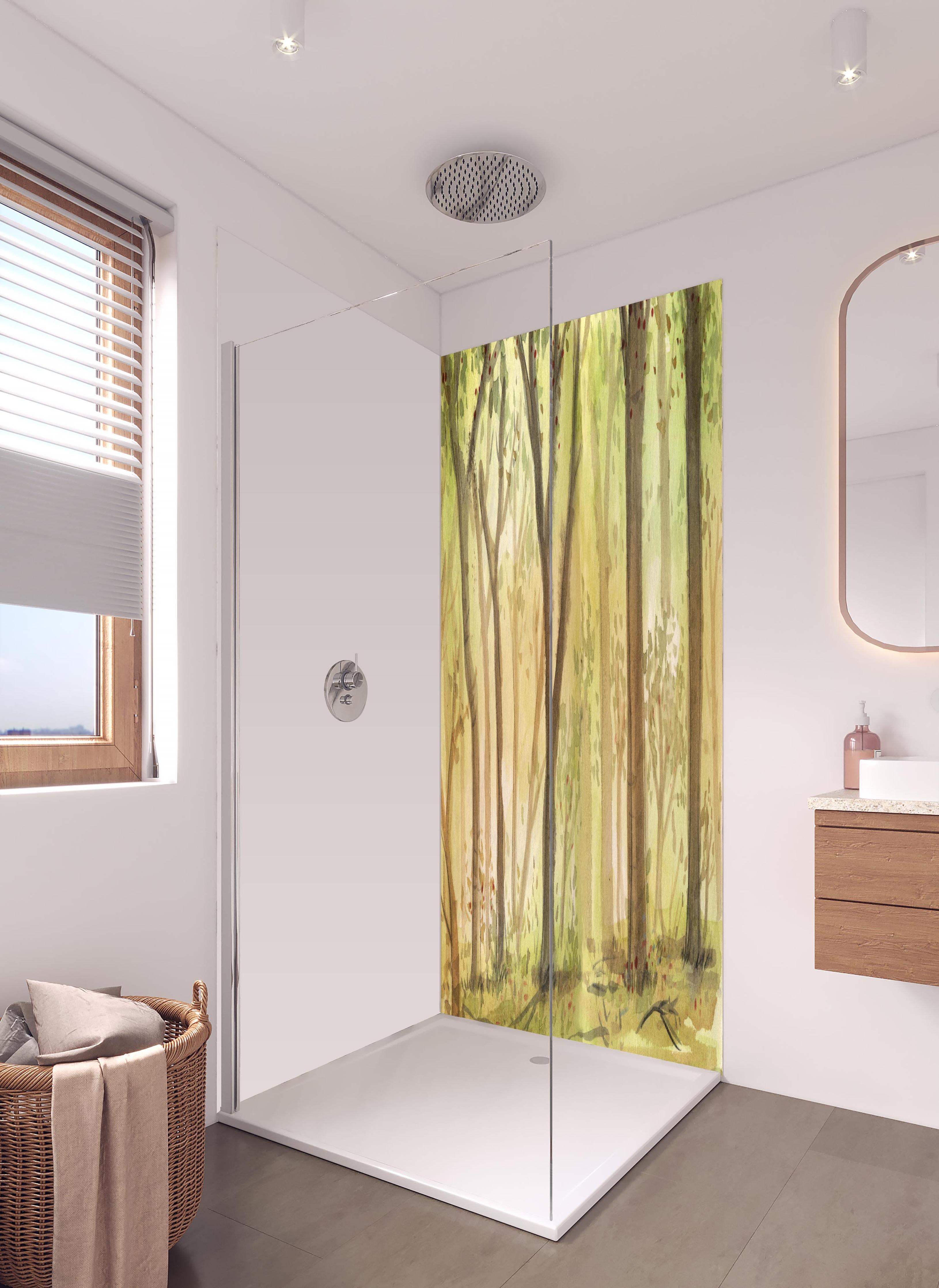 Duschrückwand - heller Aquarell Wald in hellem Badezimmer mit Regenduschkopf - zweiteilige Eck-Duschrückwand