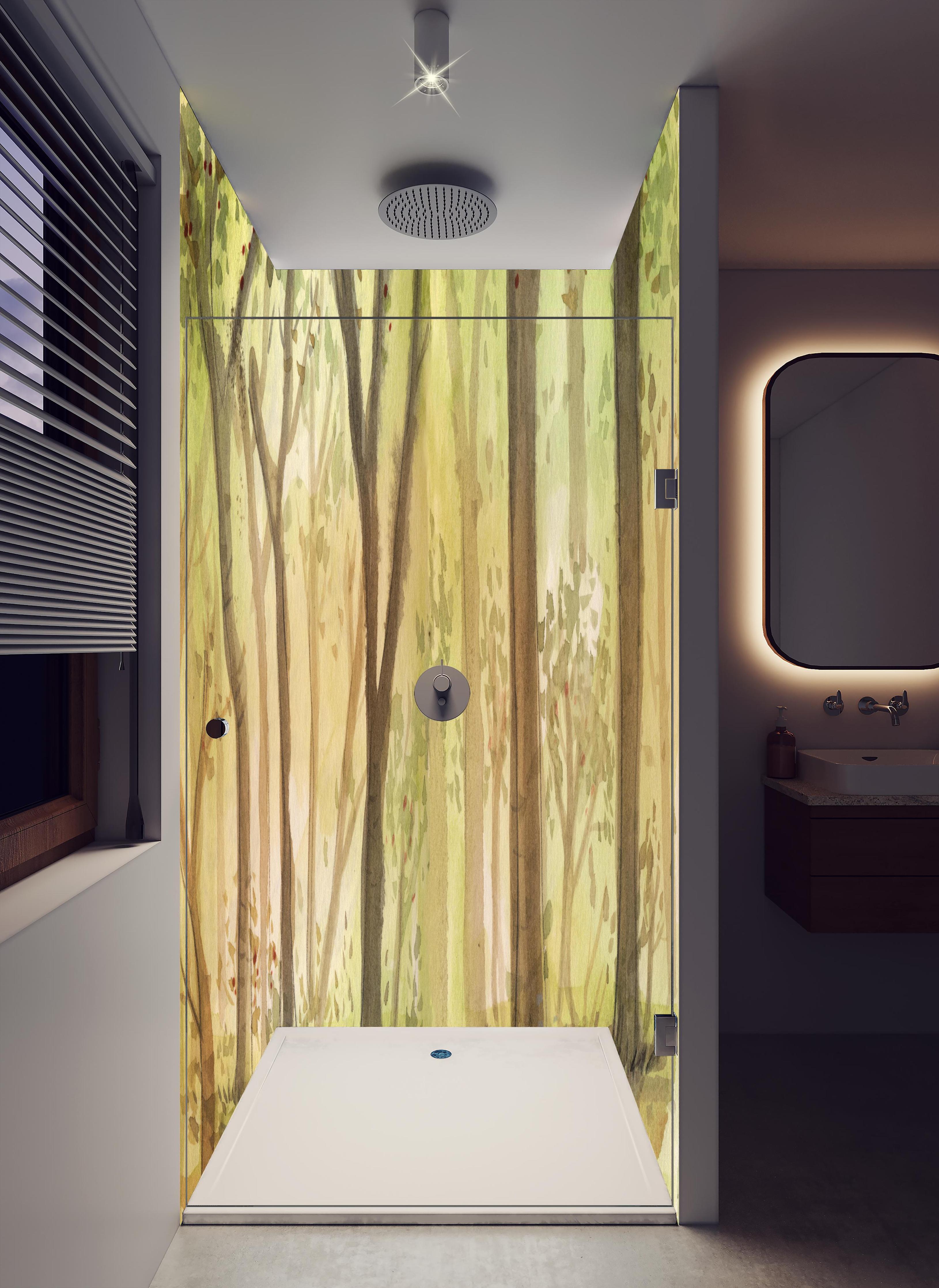 Duschrückwand - heller Aquarell Wald in hellem Badezimmer mit Regenduschkopf - zweiteilige Eck-Duschrückwand