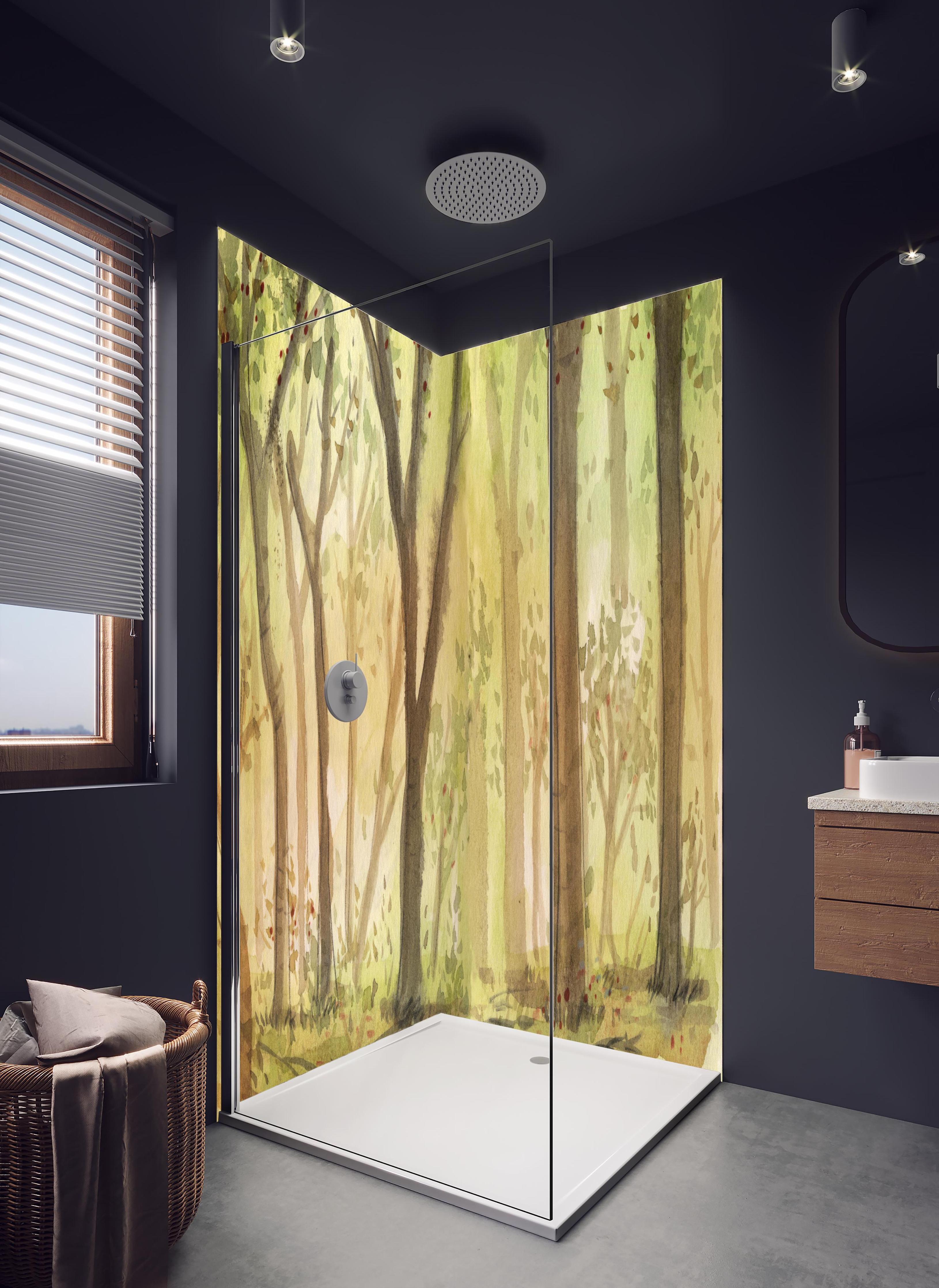 Duschrückwand - heller Aquarell Wald in hellem Badezimmer mit Regenduschkopf - zweiteilige Eck-Duschrückwand