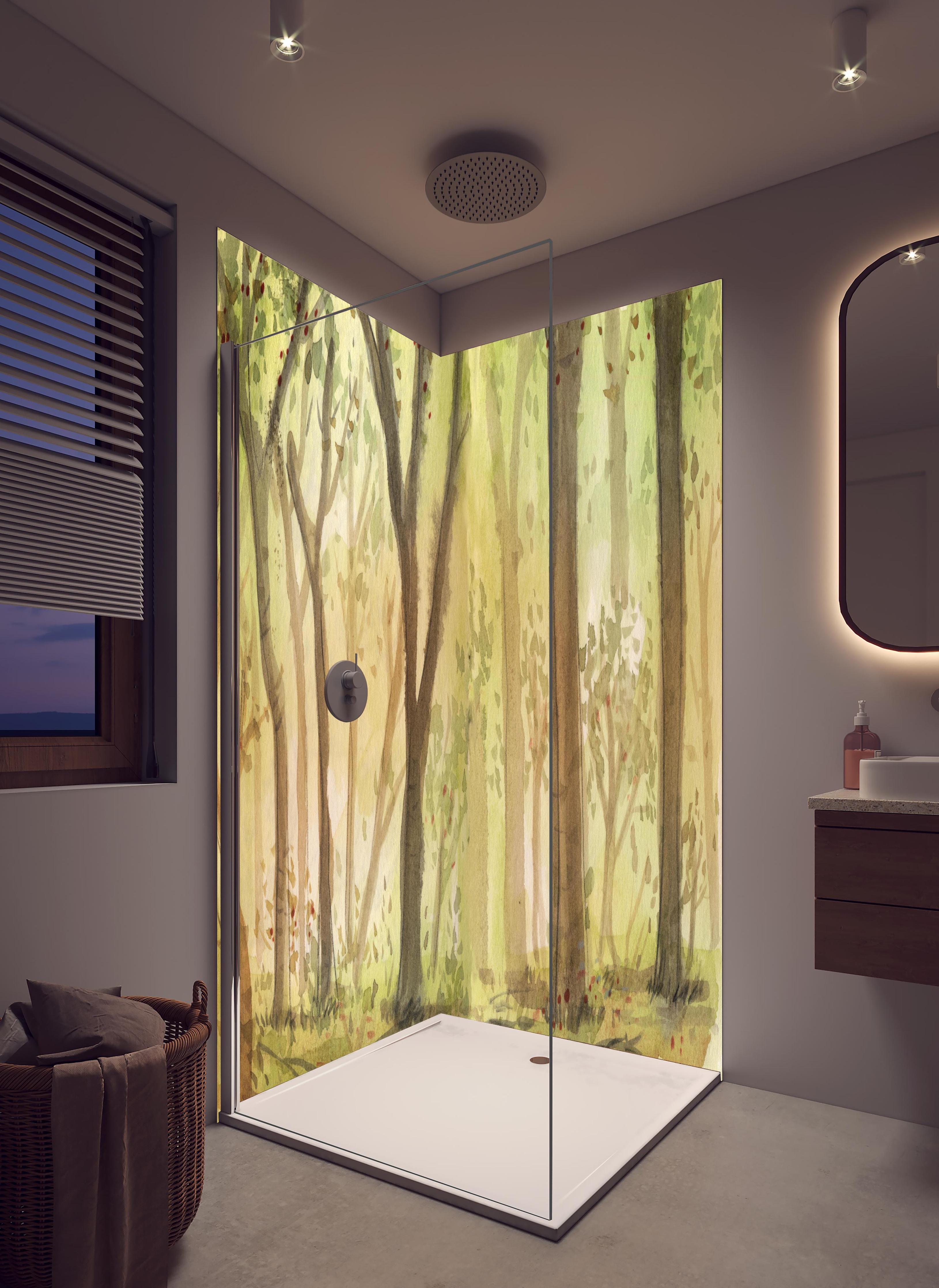 Duschrückwand - heller Aquarell Wald in hellem Badezimmer mit Regenduschkopf - zweiteilige Eck-Duschrückwand