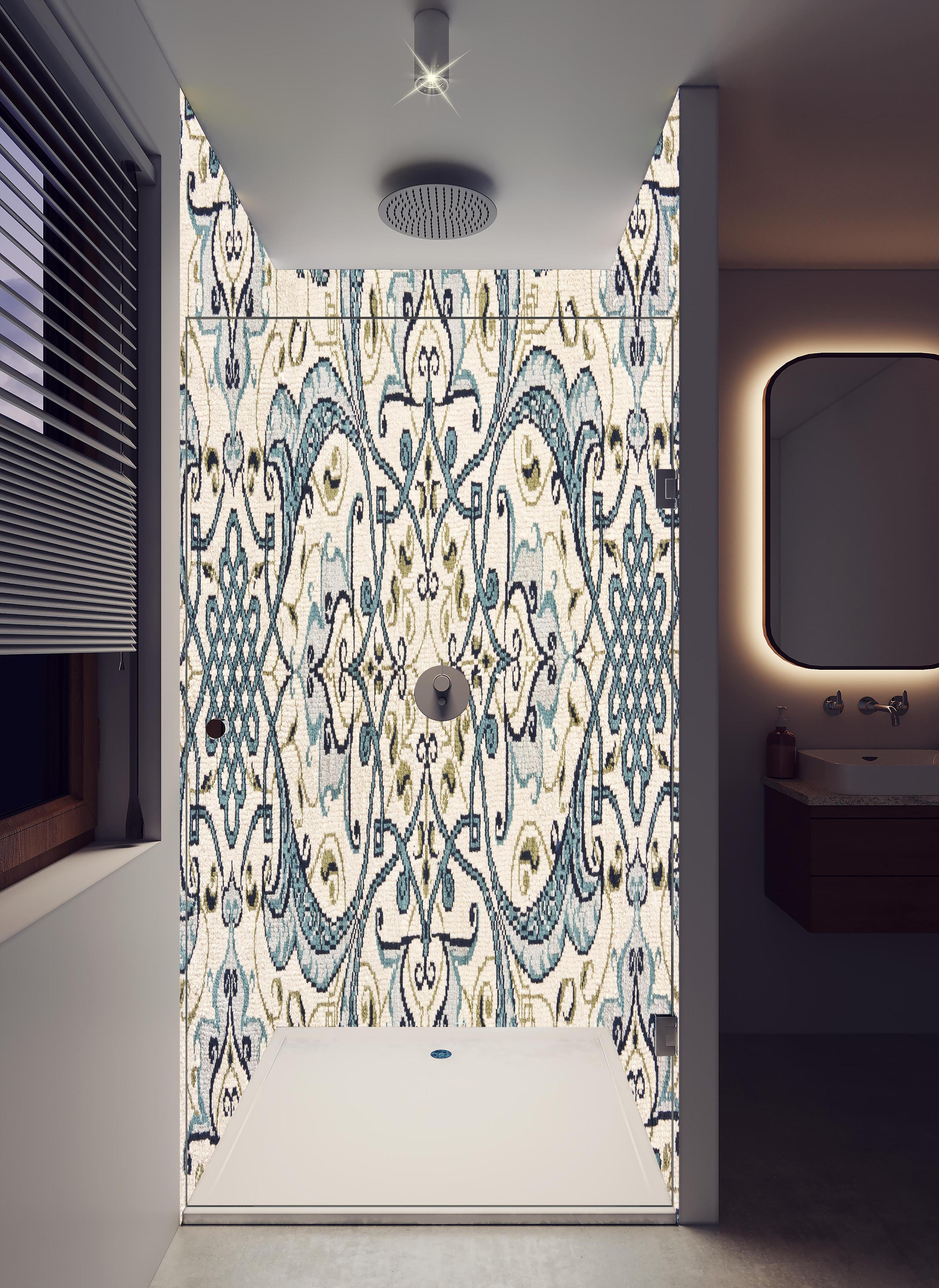 Duschrückwand - klassischer Orientalischer Teppich in hellem Badezimmer mit Regenduschkopf - zweiteilige Eck-Duschrückwand