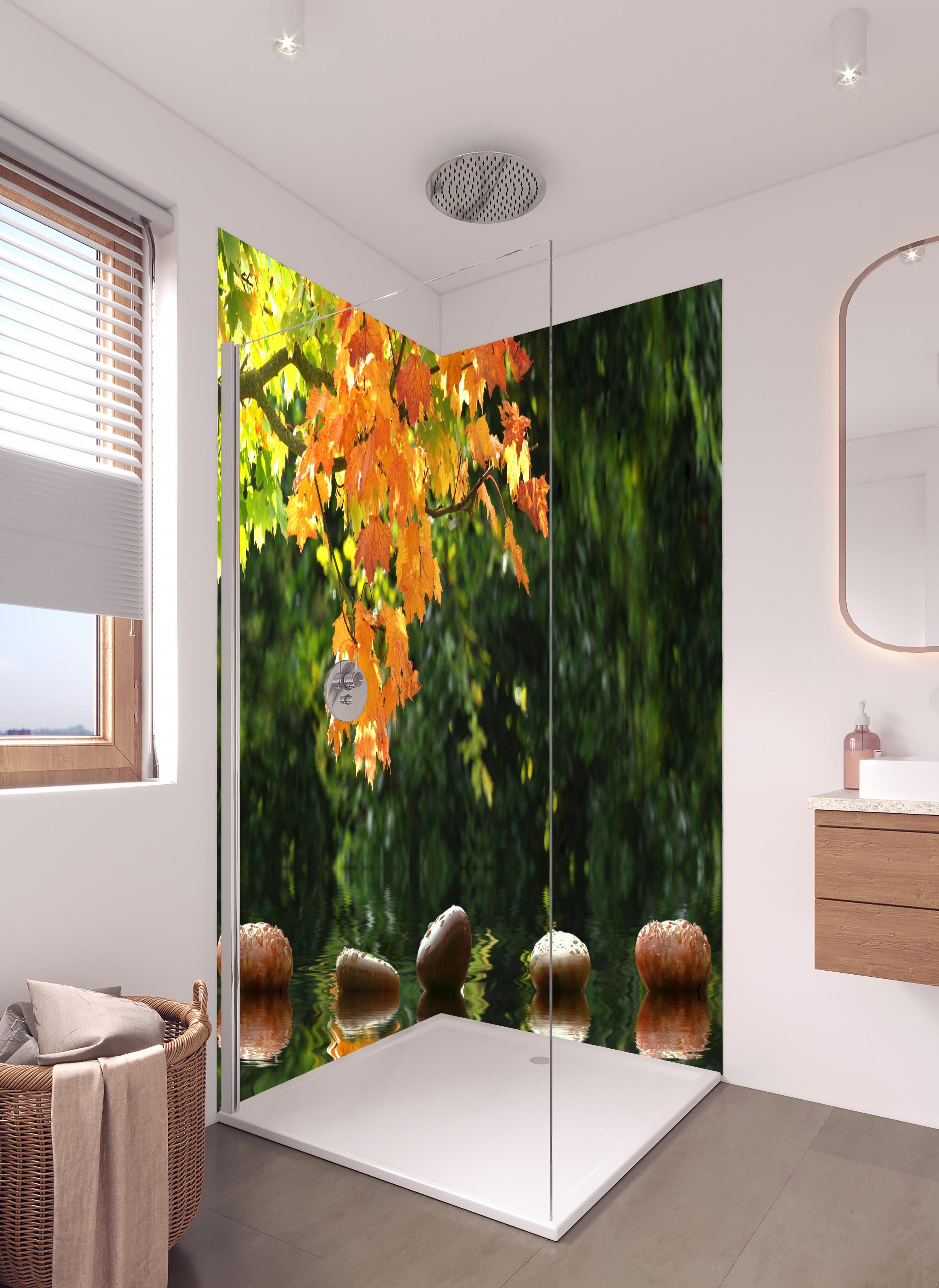 Duschrückwand - kraftvolle Steine im Teich in hellem Badezimmer mit Regenduschkopf - zweiteilige Eck-Duschrückwand
