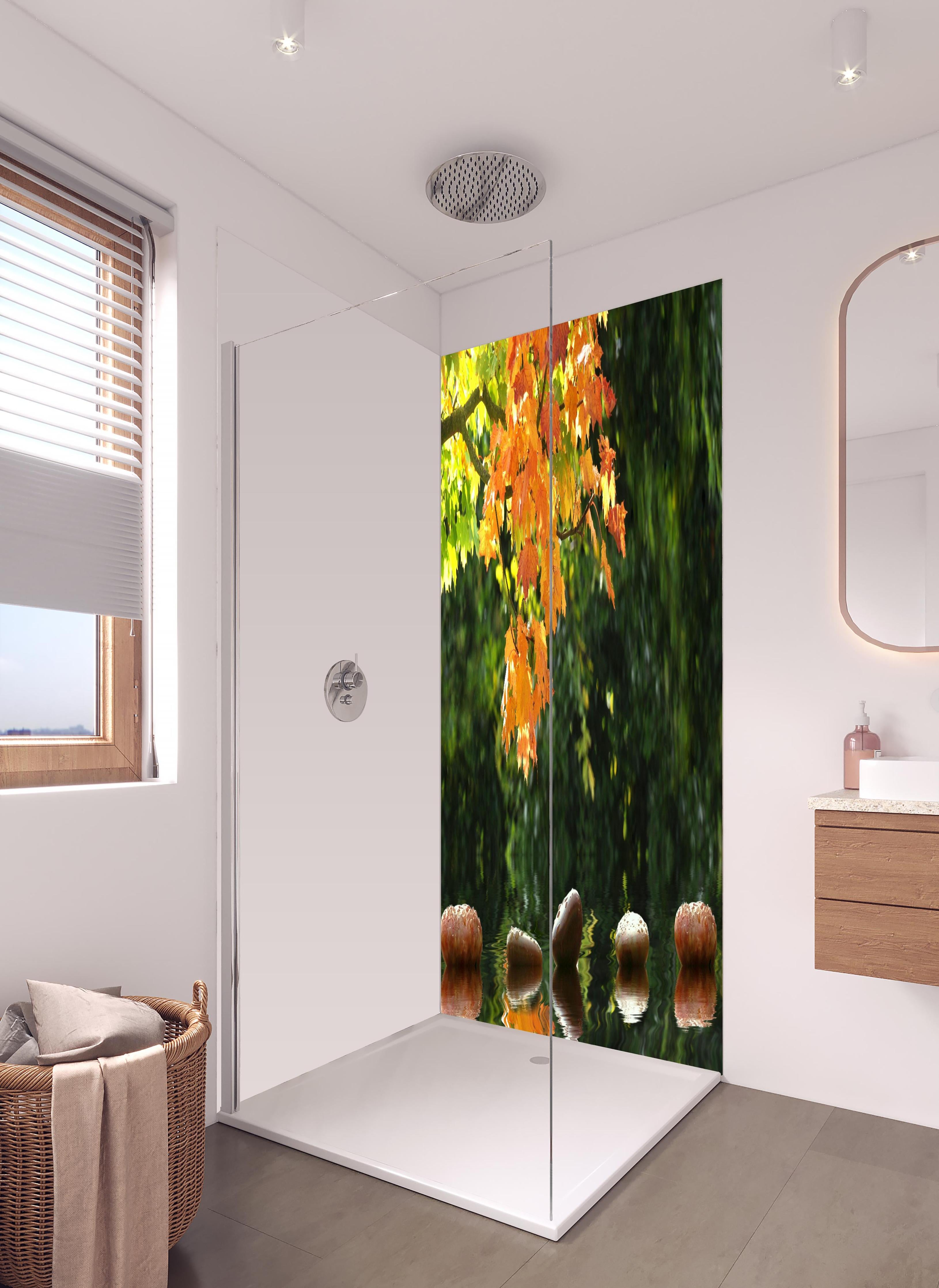 Duschrückwand - kraftvolle Steine im Teich in hellem Badezimmer mit Regenduschkopf - zweiteilige Eck-Duschrückwand