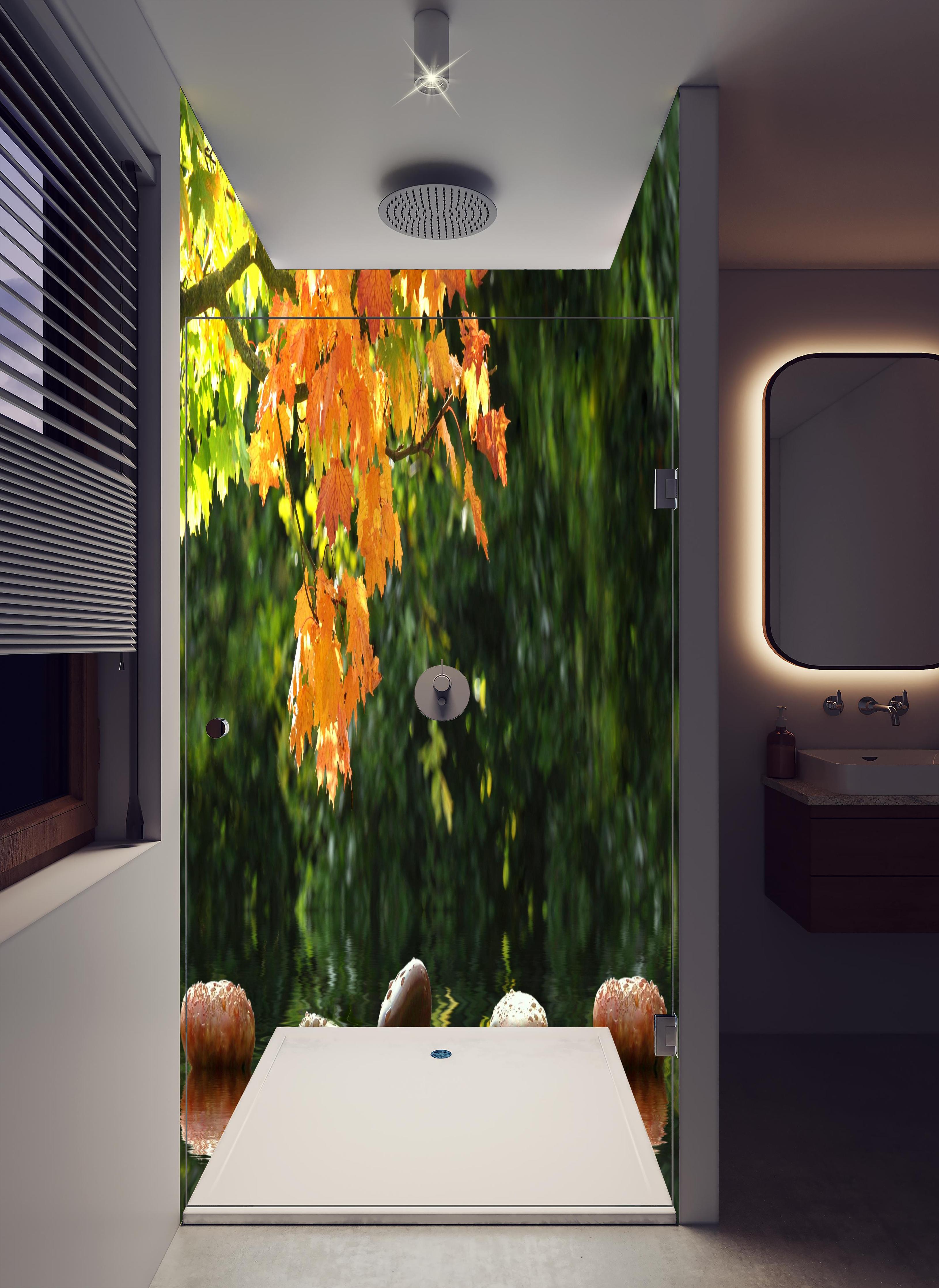 Duschrückwand - kraftvolle Steine im Teich in hellem Badezimmer mit Regenduschkopf - zweiteilige Eck-Duschrückwand