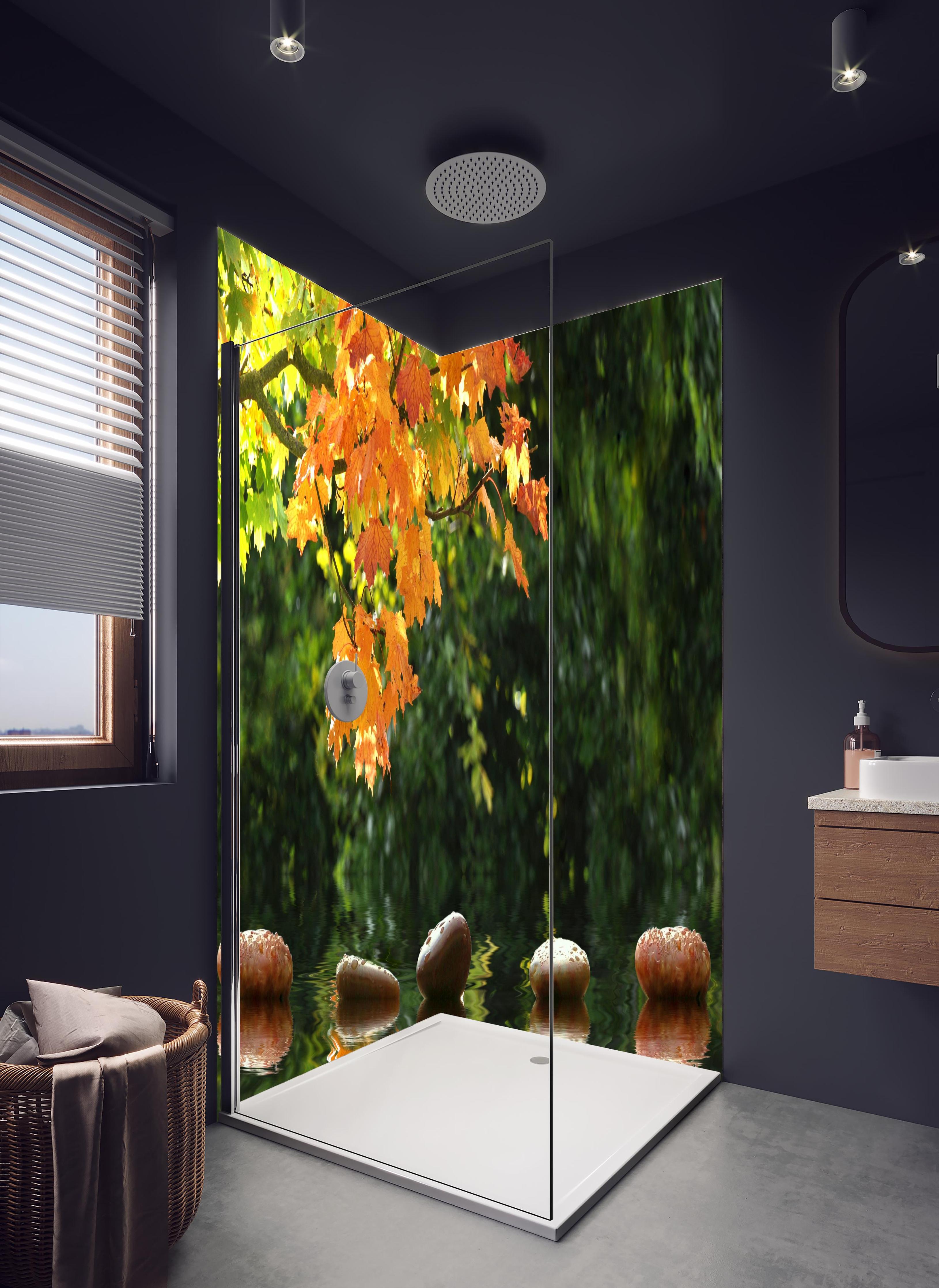 Duschrückwand - kraftvolle Steine im Teich in hellem Badezimmer mit Regenduschkopf - zweiteilige Eck-Duschrückwand