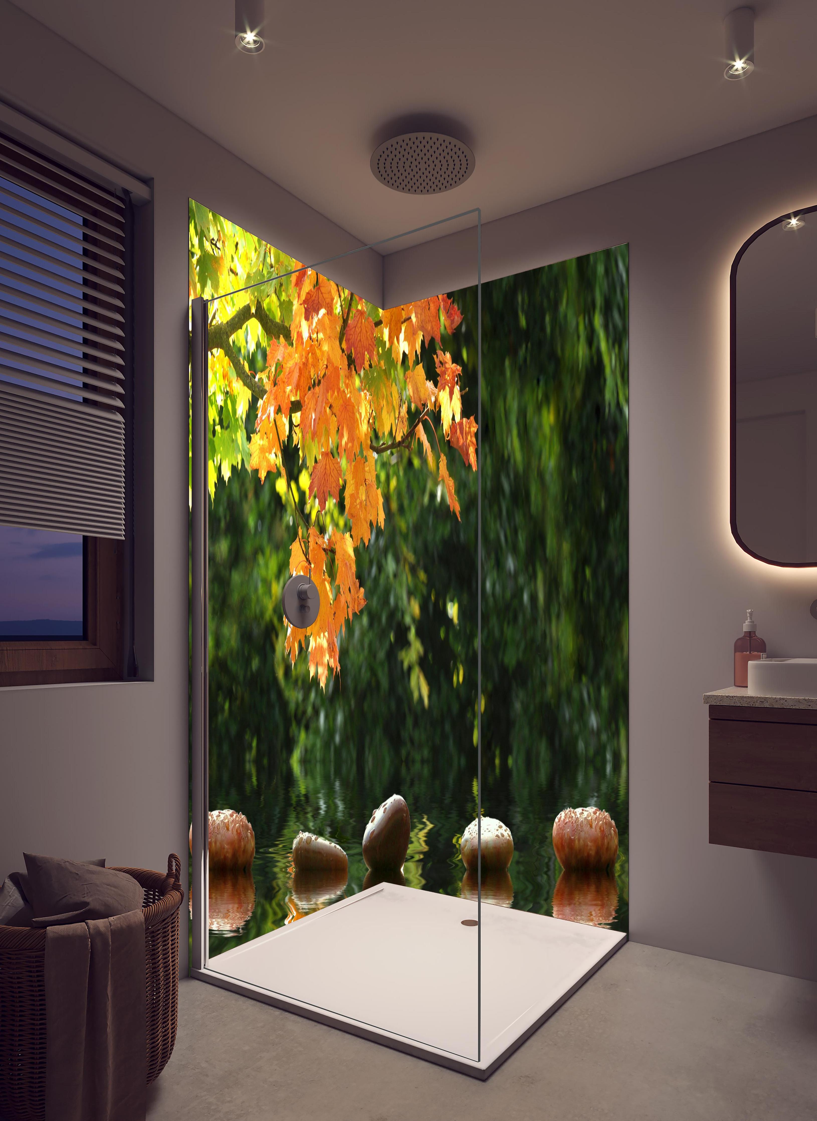 Duschrückwand - kraftvolle Steine im Teich in hellem Badezimmer mit Regenduschkopf - zweiteilige Eck-Duschrückwand