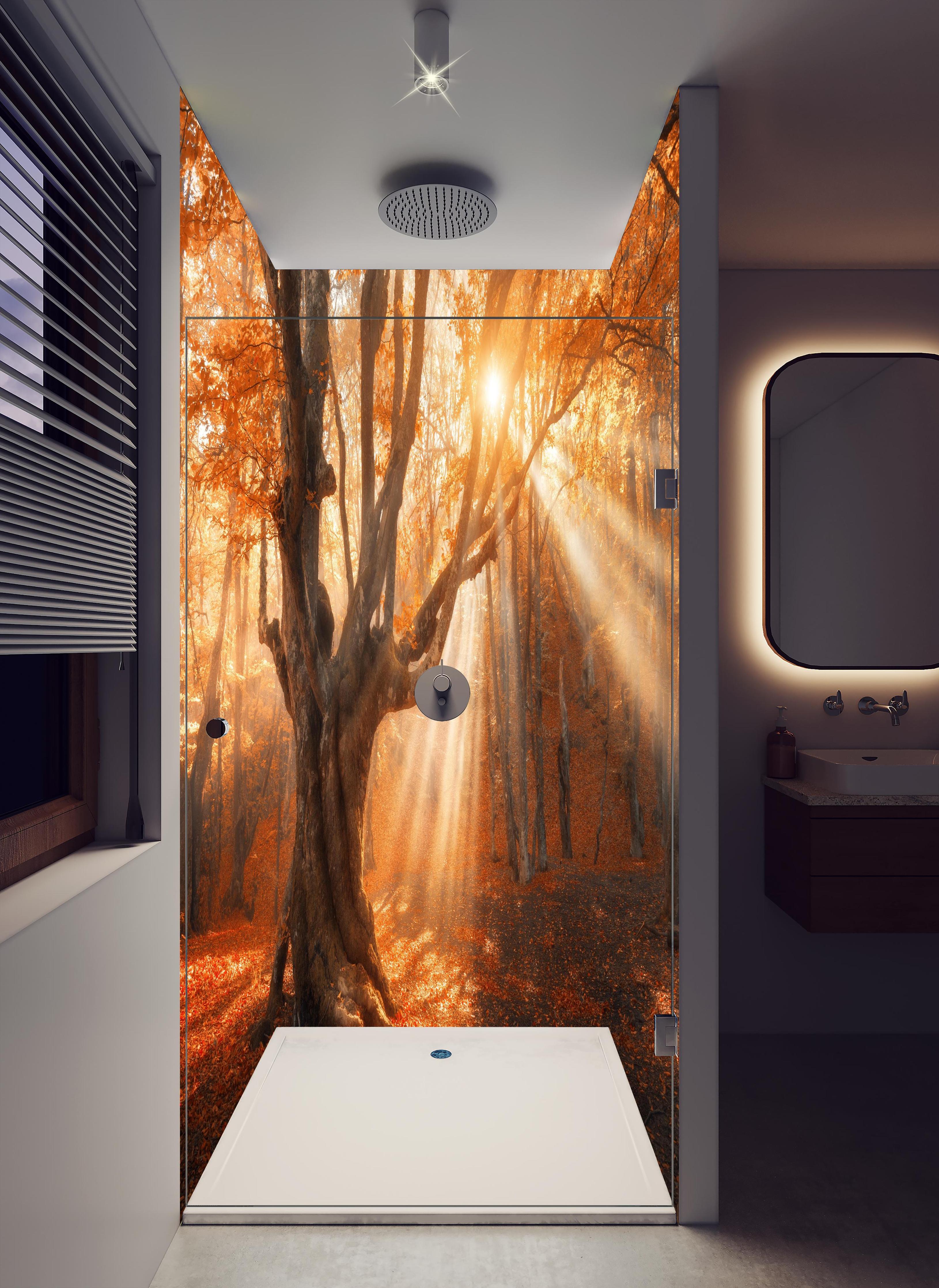Duschrückwand - magischer alter Baum im Herbst in hellem Badezimmer mit Regenduschkopf - zweiteilige Eck-Duschrückwand