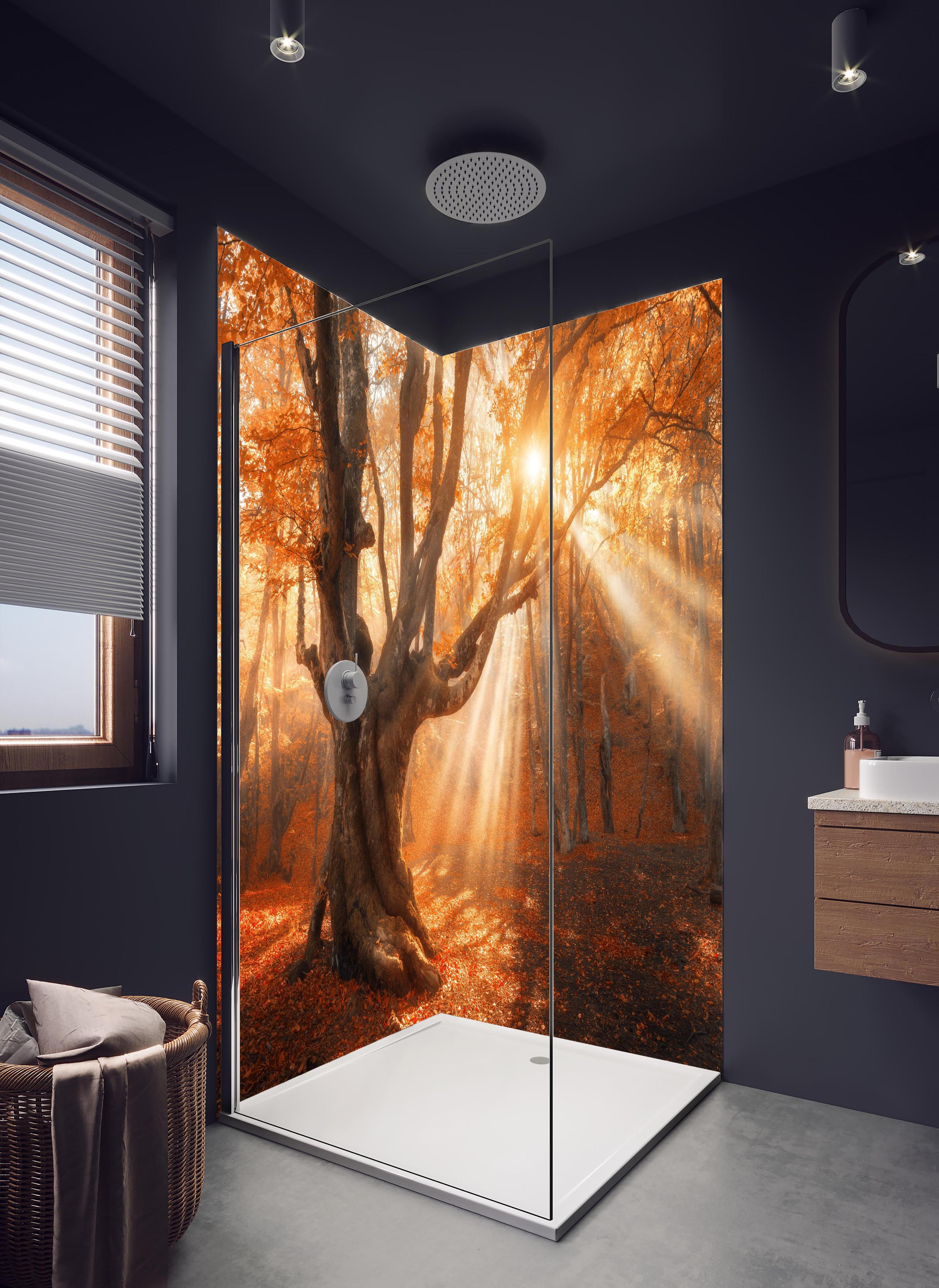 Duschrückwand - magischer alter Baum im Herbst in hellem Badezimmer mit Regenduschkopf - zweiteilige Eck-Duschrückwand