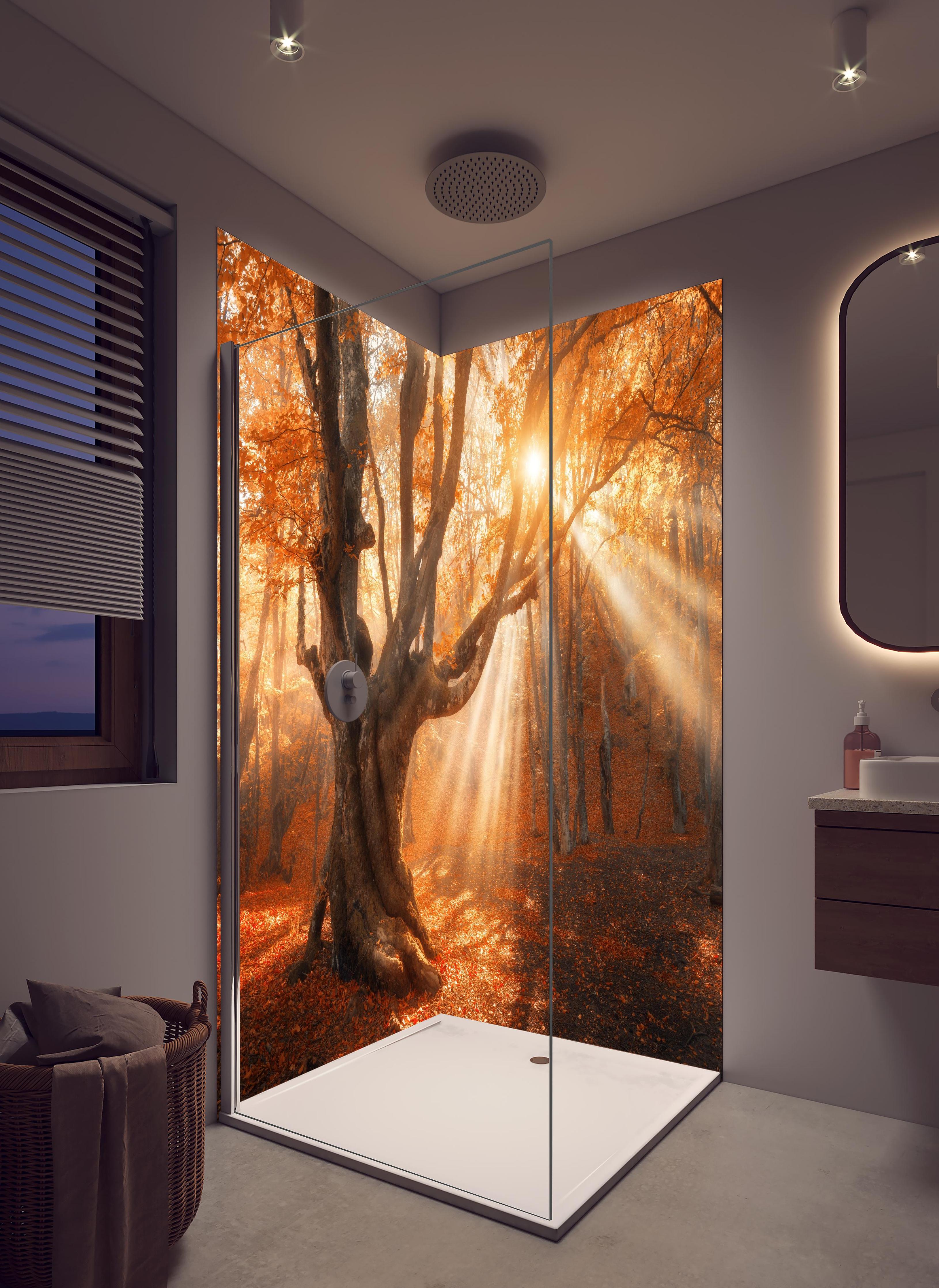 Duschrückwand - magischer alter Baum im Herbst in hellem Badezimmer mit Regenduschkopf - zweiteilige Eck-Duschrückwand