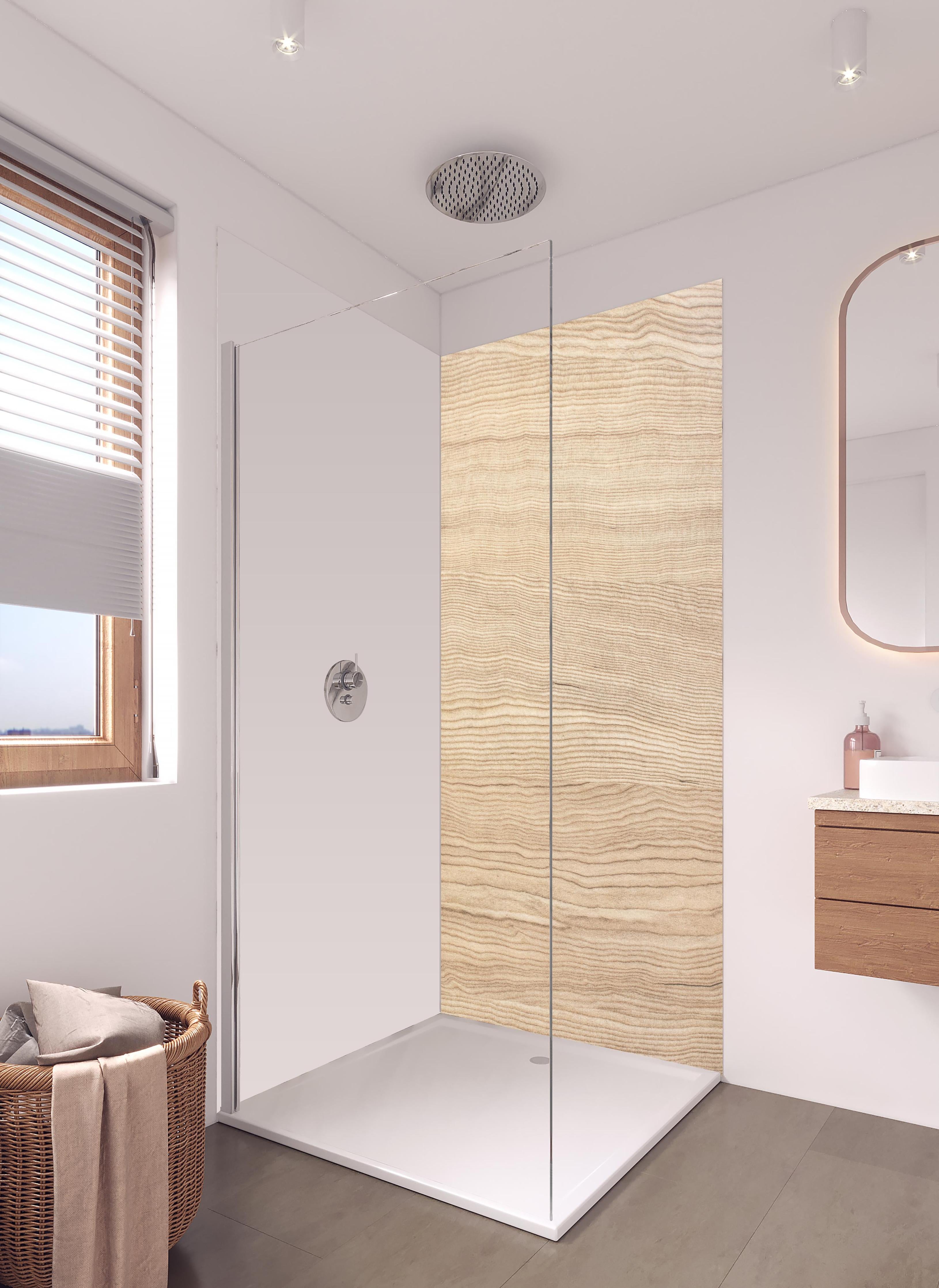 Duschrückwand - moderne Eiche Holztextur in hellem Badezimmer mit Regenduschkopf - zweiteilige Eck-Duschrückwand