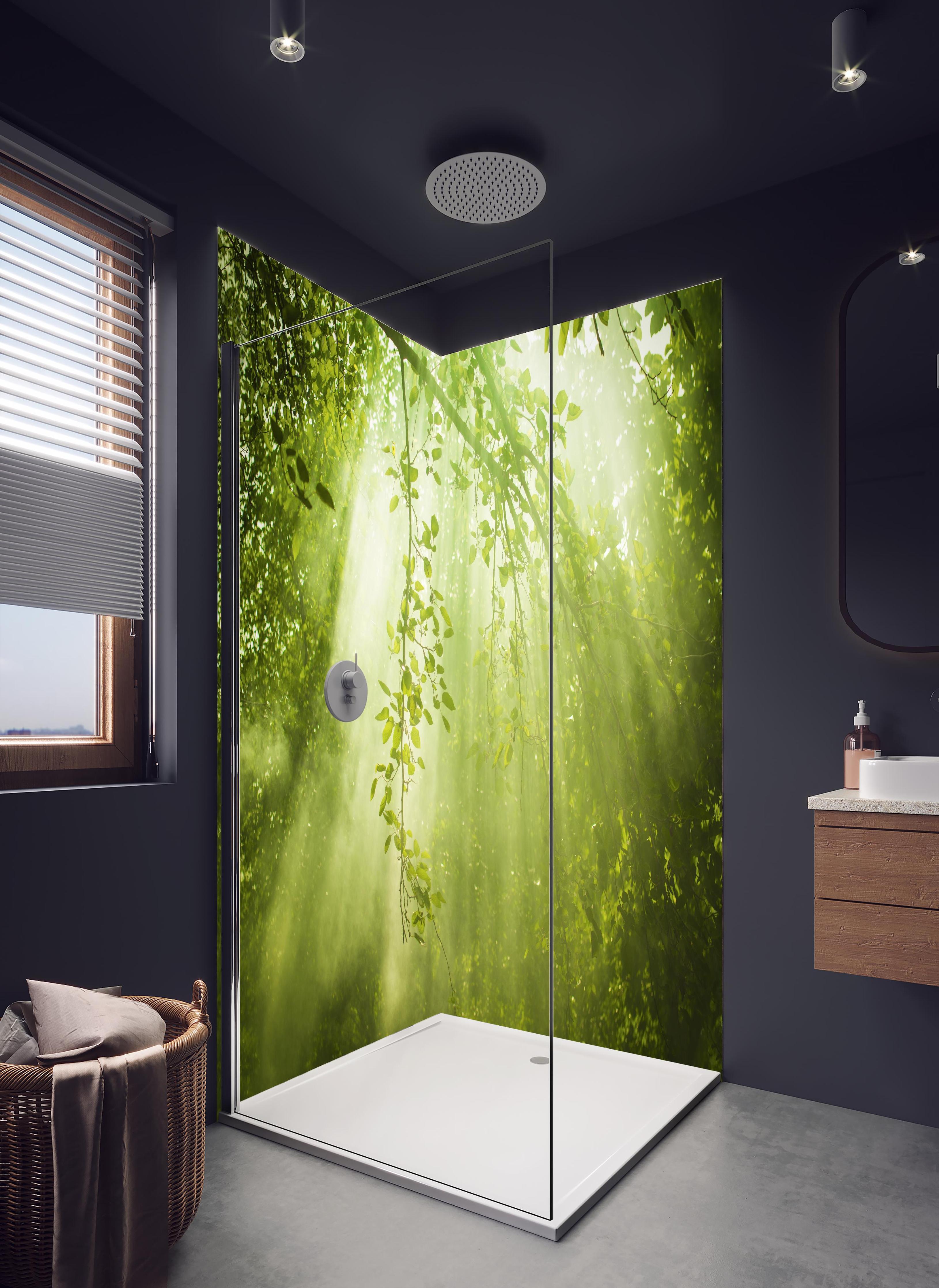 Duschrückwand - mystischer Grüner Wald mit Sonnenstrahl in hellem Badezimmer mit Regenduschkopf - zweiteilige Eck-Duschrückwand