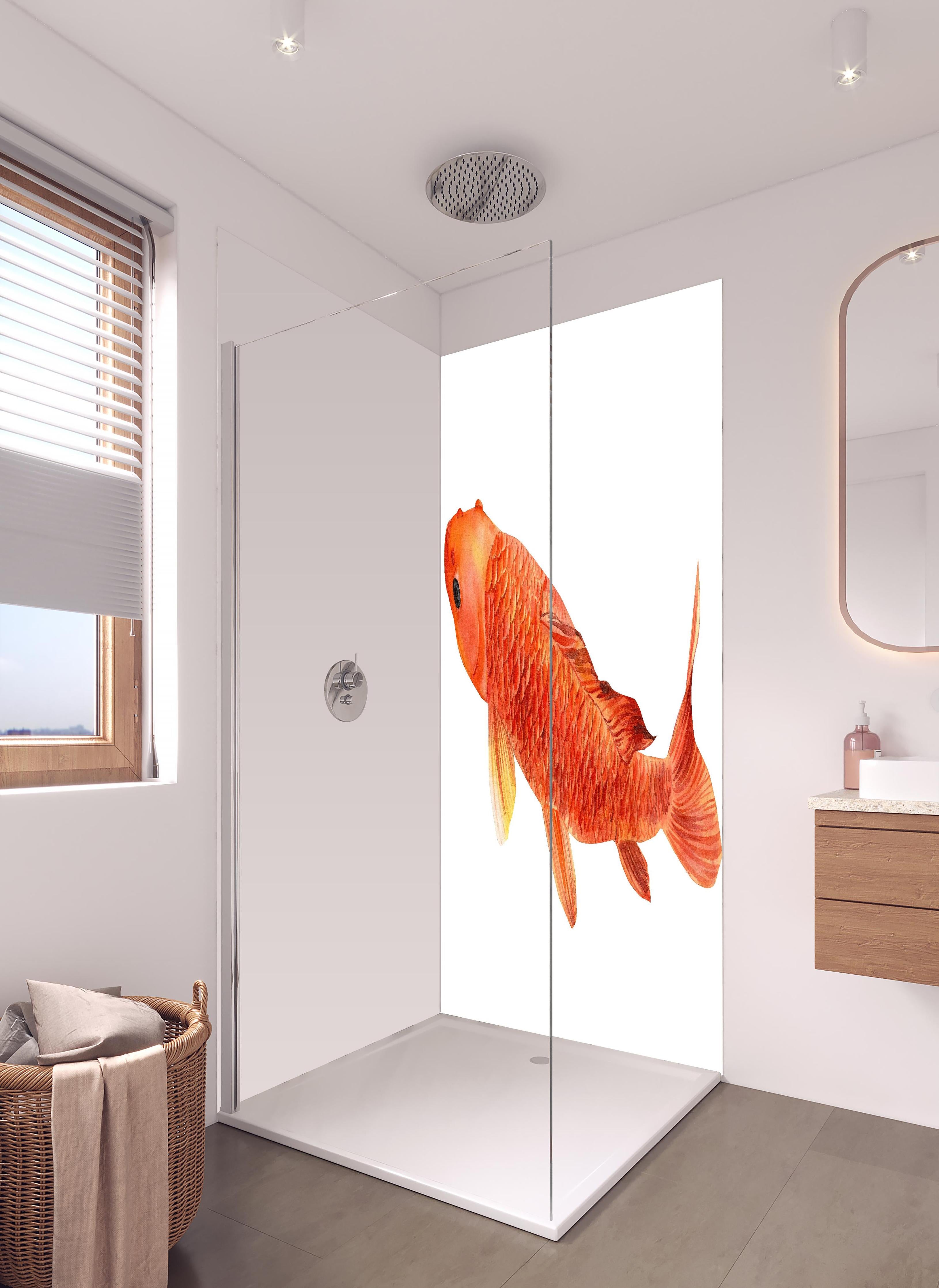 Duschrückwand - orangefarbener Koi in hellem Badezimmer mit Regenduschkopf - zweiteilige Eck-Duschrückwand