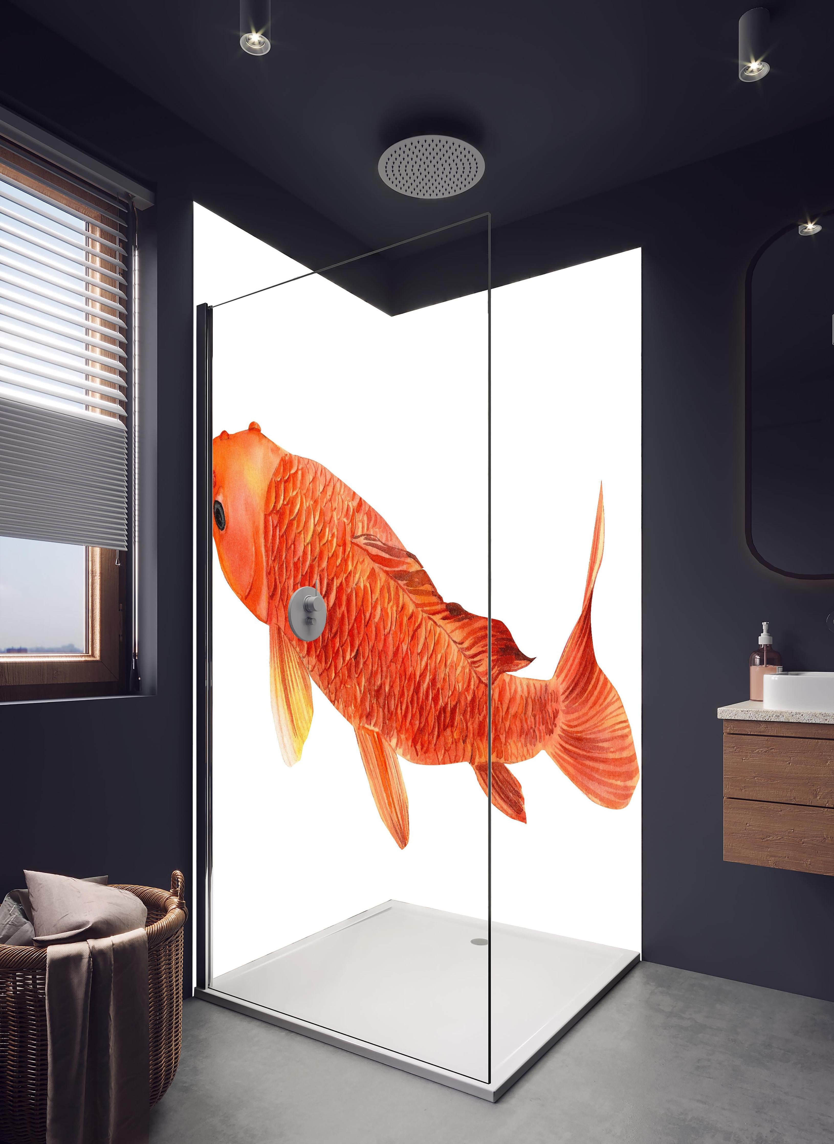Duschrückwand - orangefarbener Koi in hellem Badezimmer mit Regenduschkopf - zweiteilige Eck-Duschrückwand