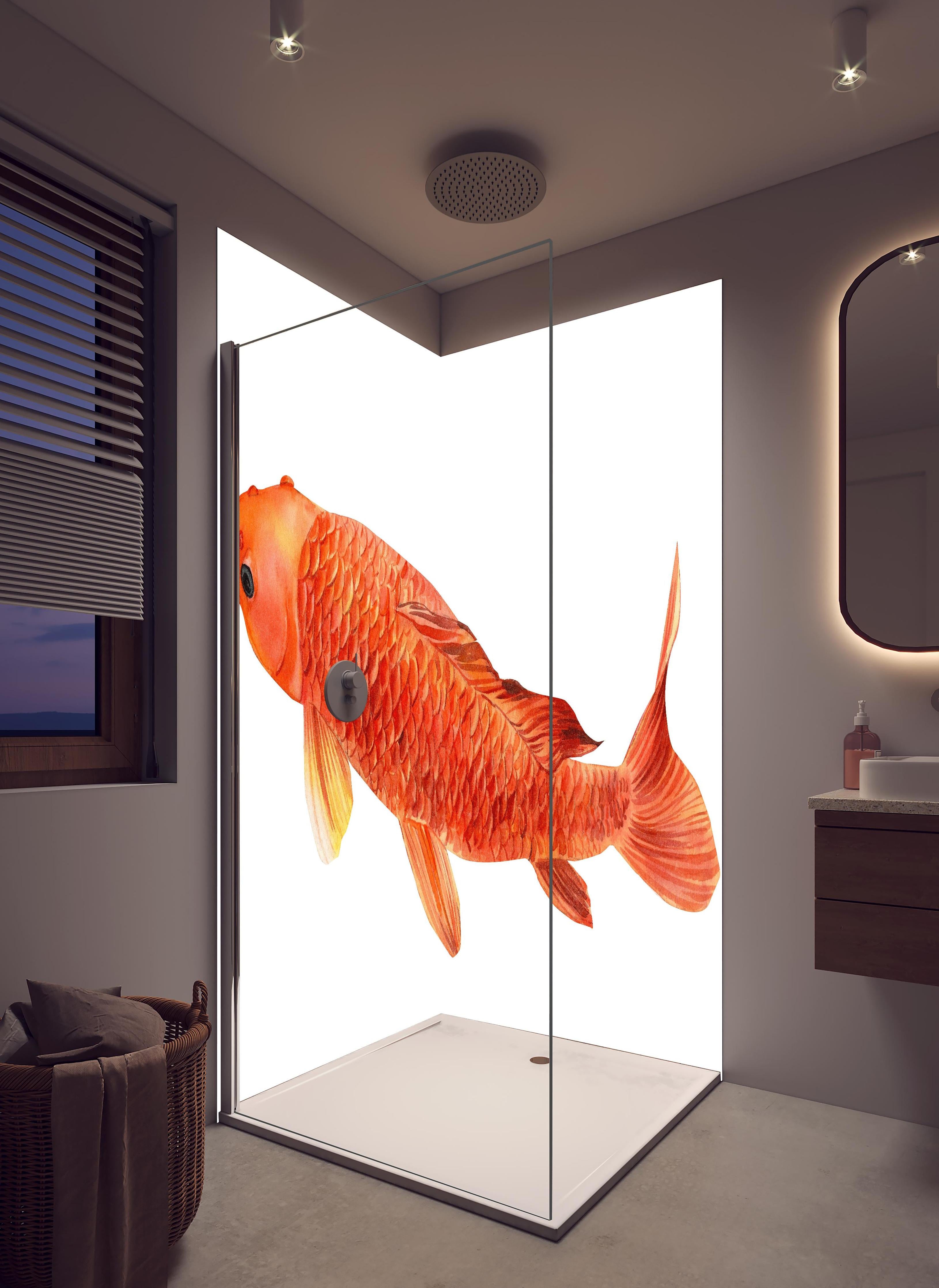Duschrückwand - orangefarbener Koi in hellem Badezimmer mit Regenduschkopf - zweiteilige Eck-Duschrückwand