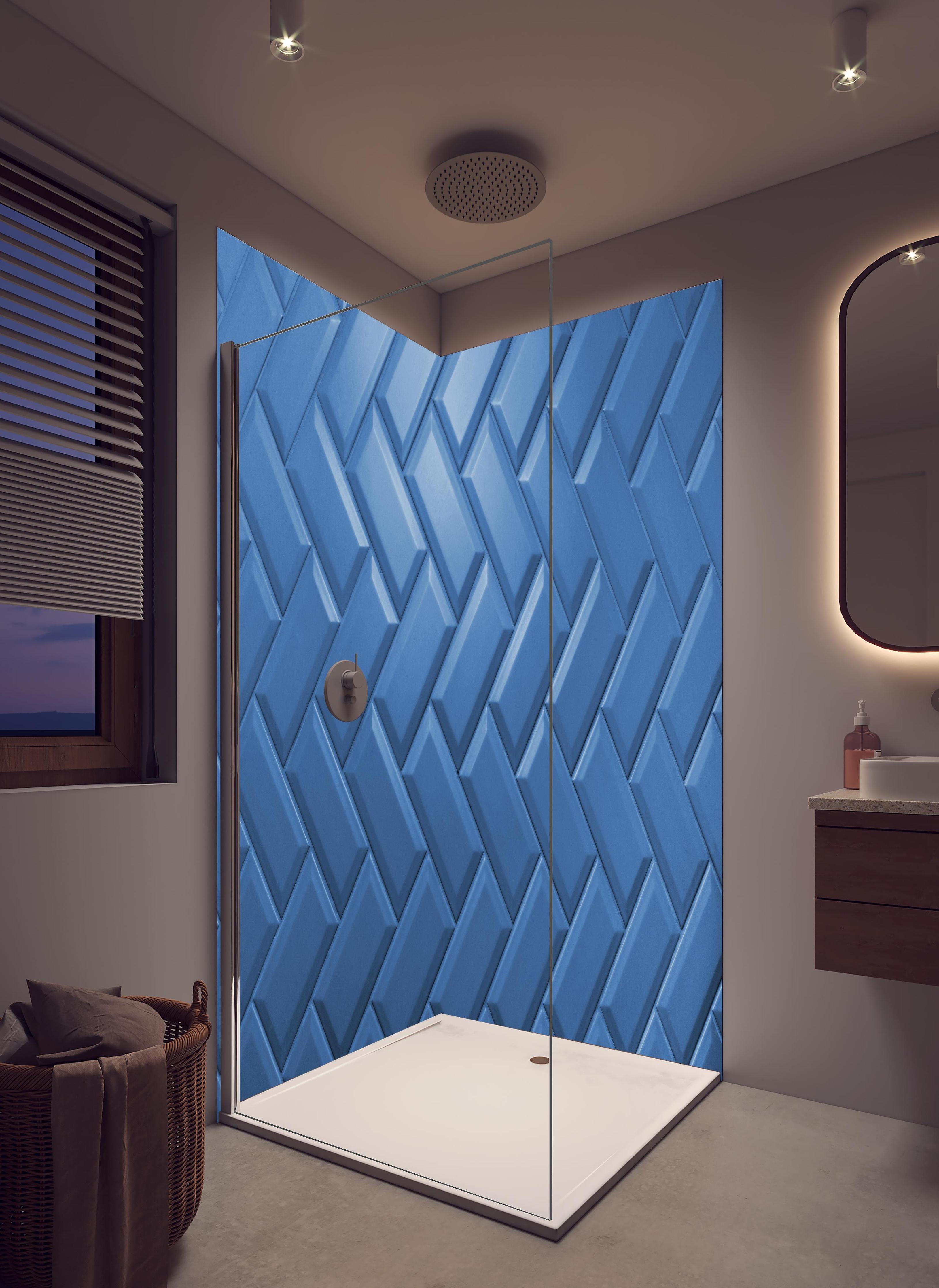 Duschrückwand - phantomblaue matte Keramikfliesen in hellem Badezimmer mit Regenduschkopf - zweiteilige Eck-Duschrückwand