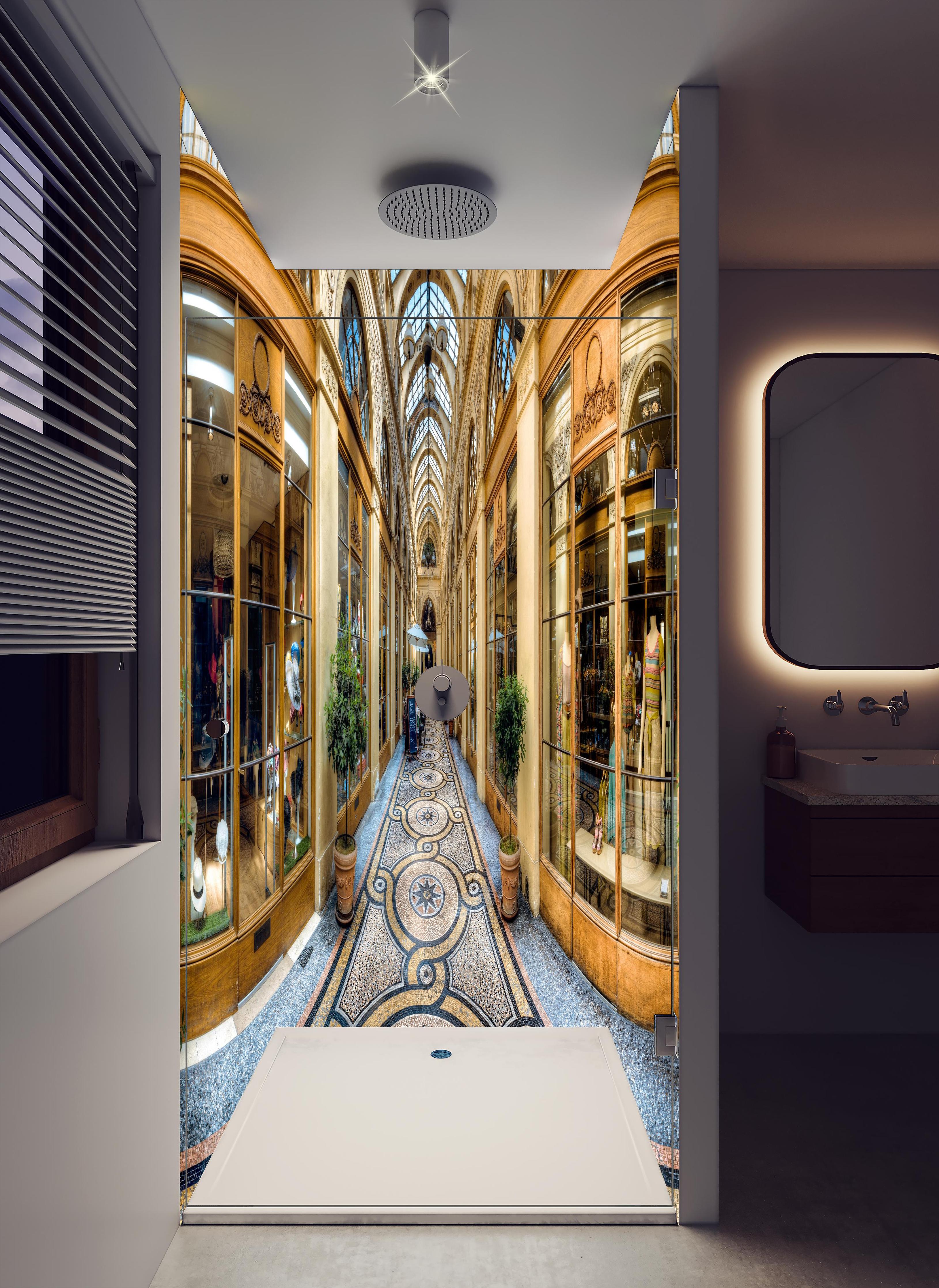 Duschrückwand - prachtvolle Galerie Vivienne in hellem Badezimmer mit Regenduschkopf - zweiteilige Eck-Duschrückwand