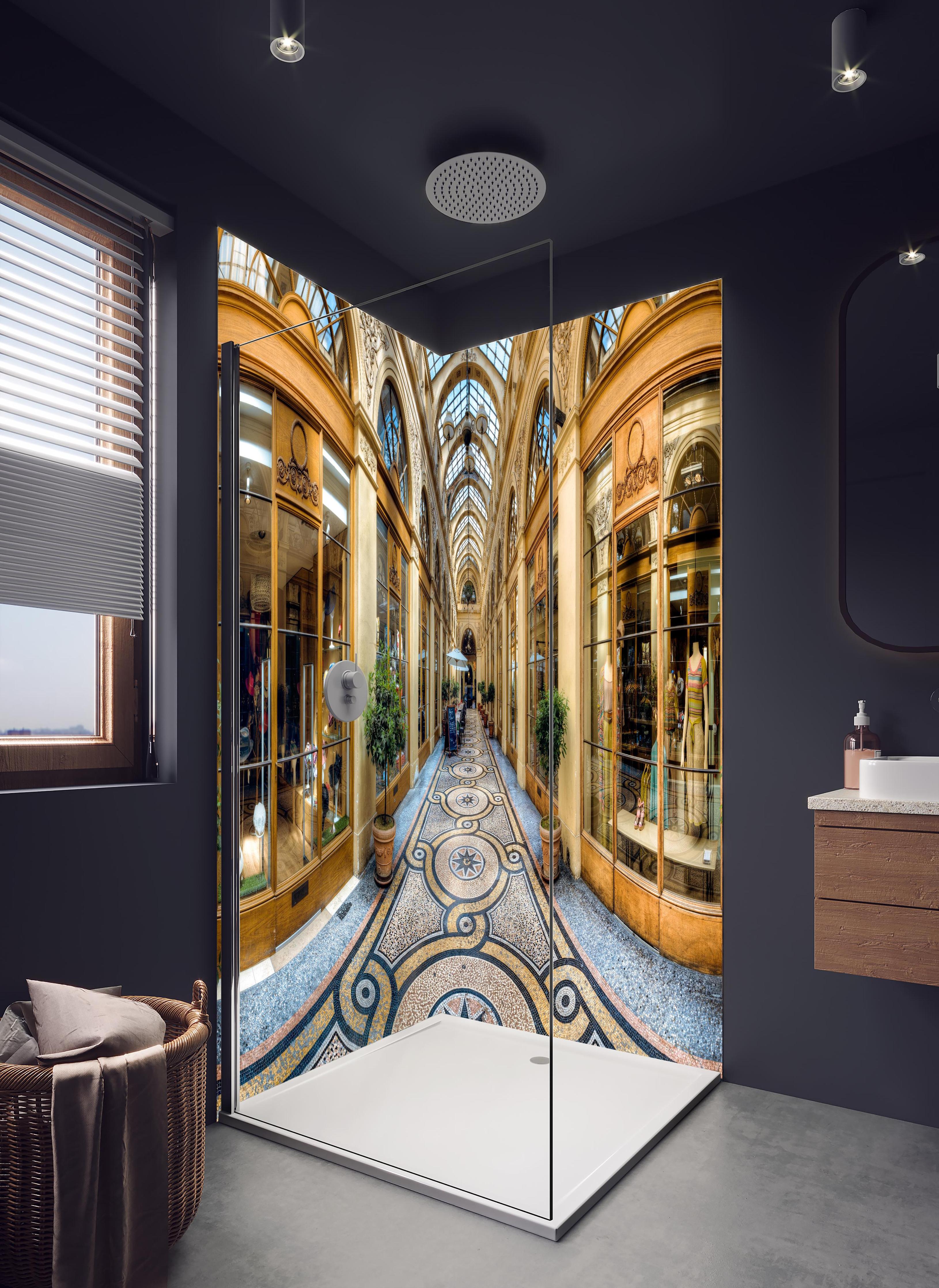 Duschrückwand - prachtvolle Galerie Vivienne in hellem Badezimmer mit Regenduschkopf - zweiteilige Eck-Duschrückwand