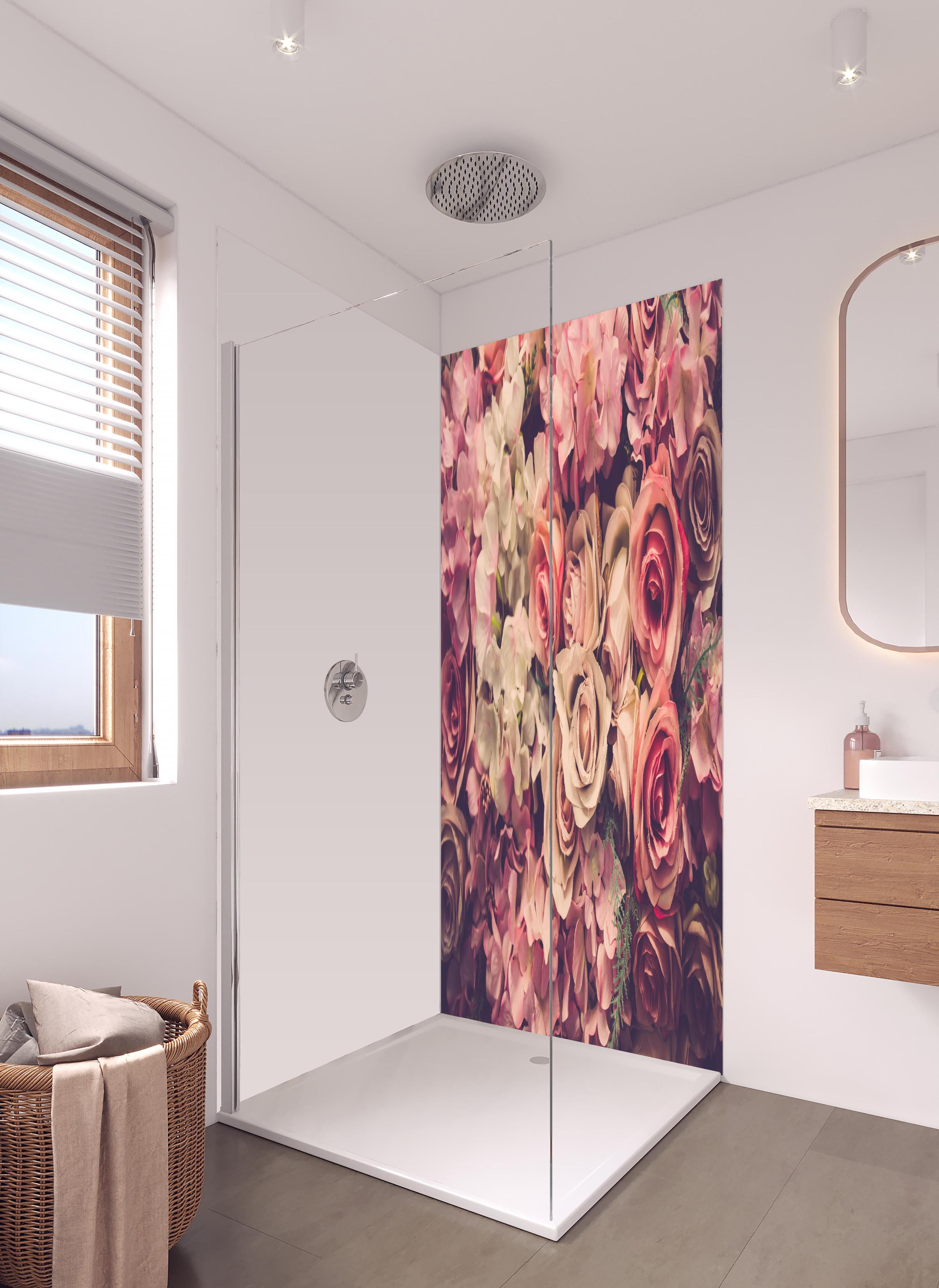 Duschrückwand - retro rosa Rosen in hellem Badezimmer mit Regenduschkopf - zweiteilige Eck-Duschrückwand
