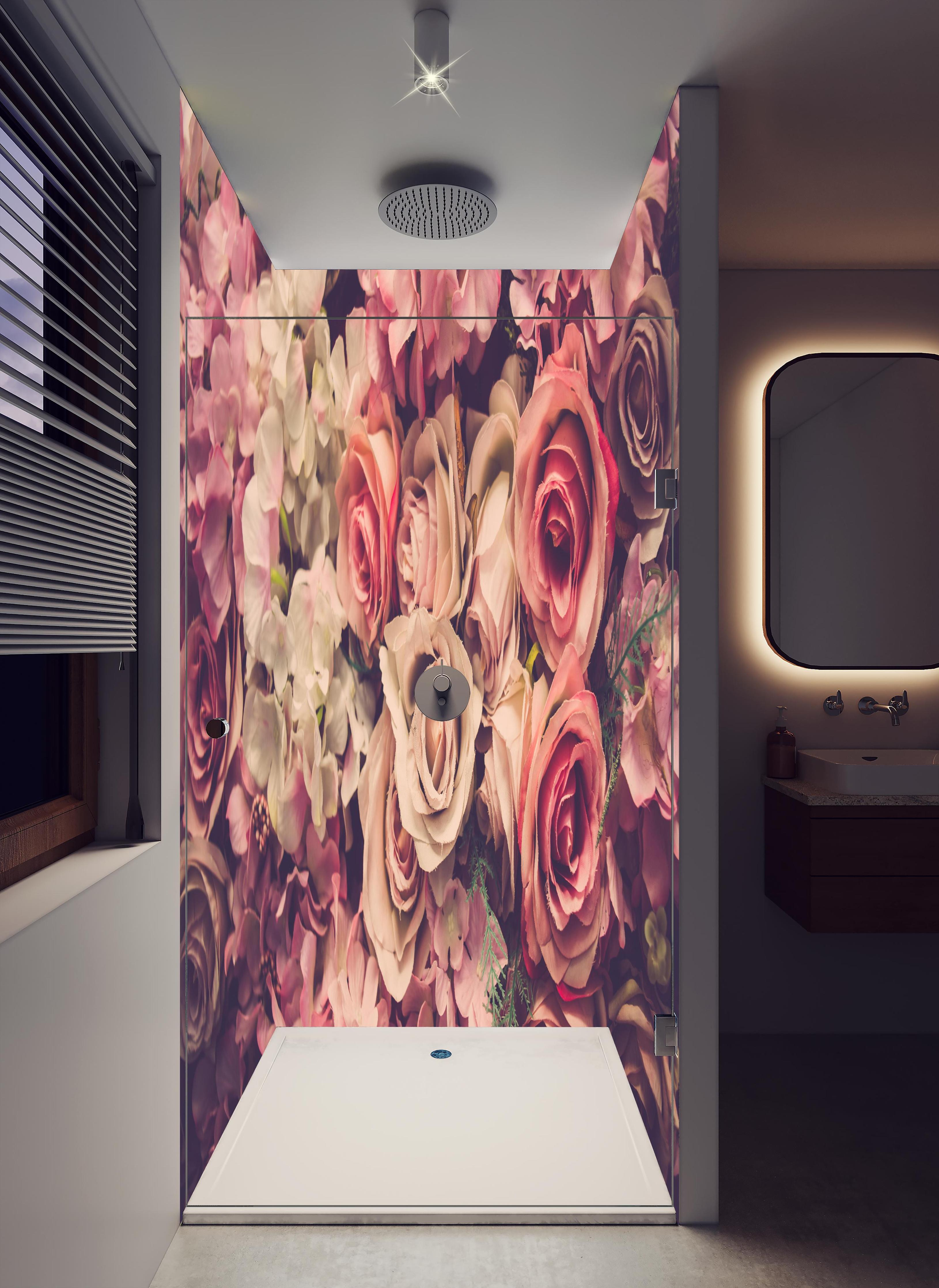 Duschrückwand - retro rosa Rosen in hellem Badezimmer mit Regenduschkopf - zweiteilige Eck-Duschrückwand