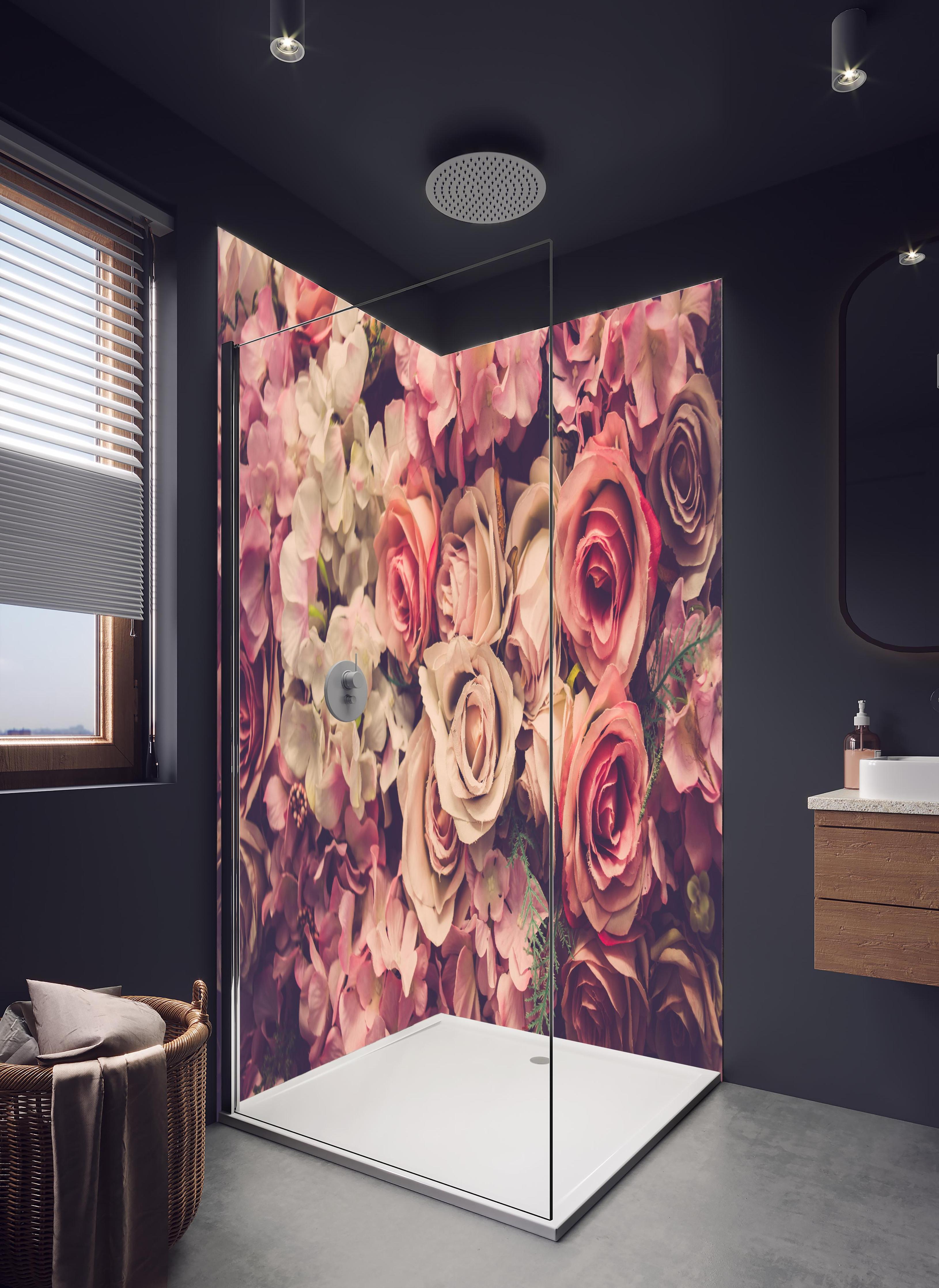 Duschrückwand - retro rosa Rosen in hellem Badezimmer mit Regenduschkopf - zweiteilige Eck-Duschrückwand
