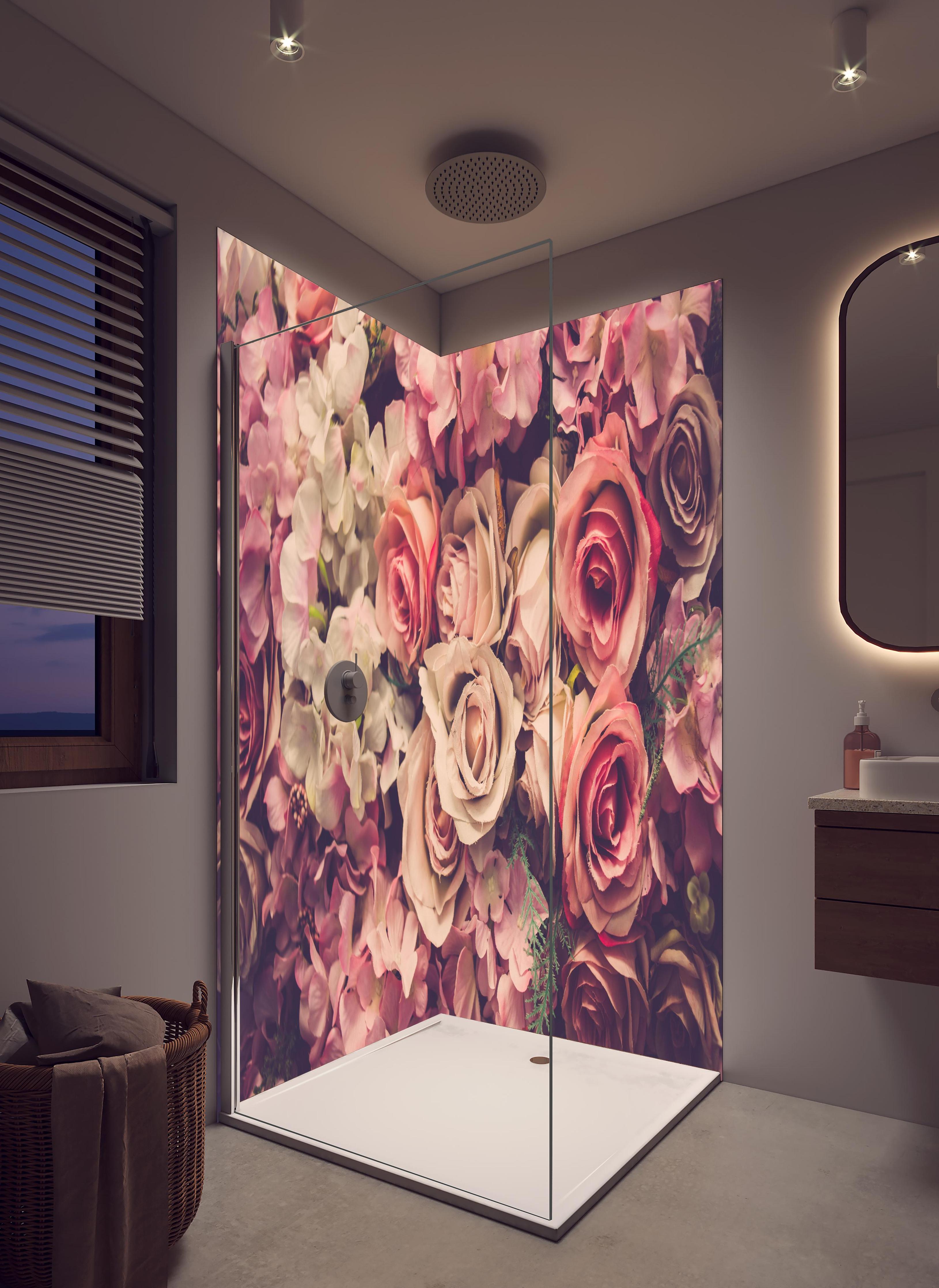Duschrückwand - retro rosa Rosen in hellem Badezimmer mit Regenduschkopf - zweiteilige Eck-Duschrückwand