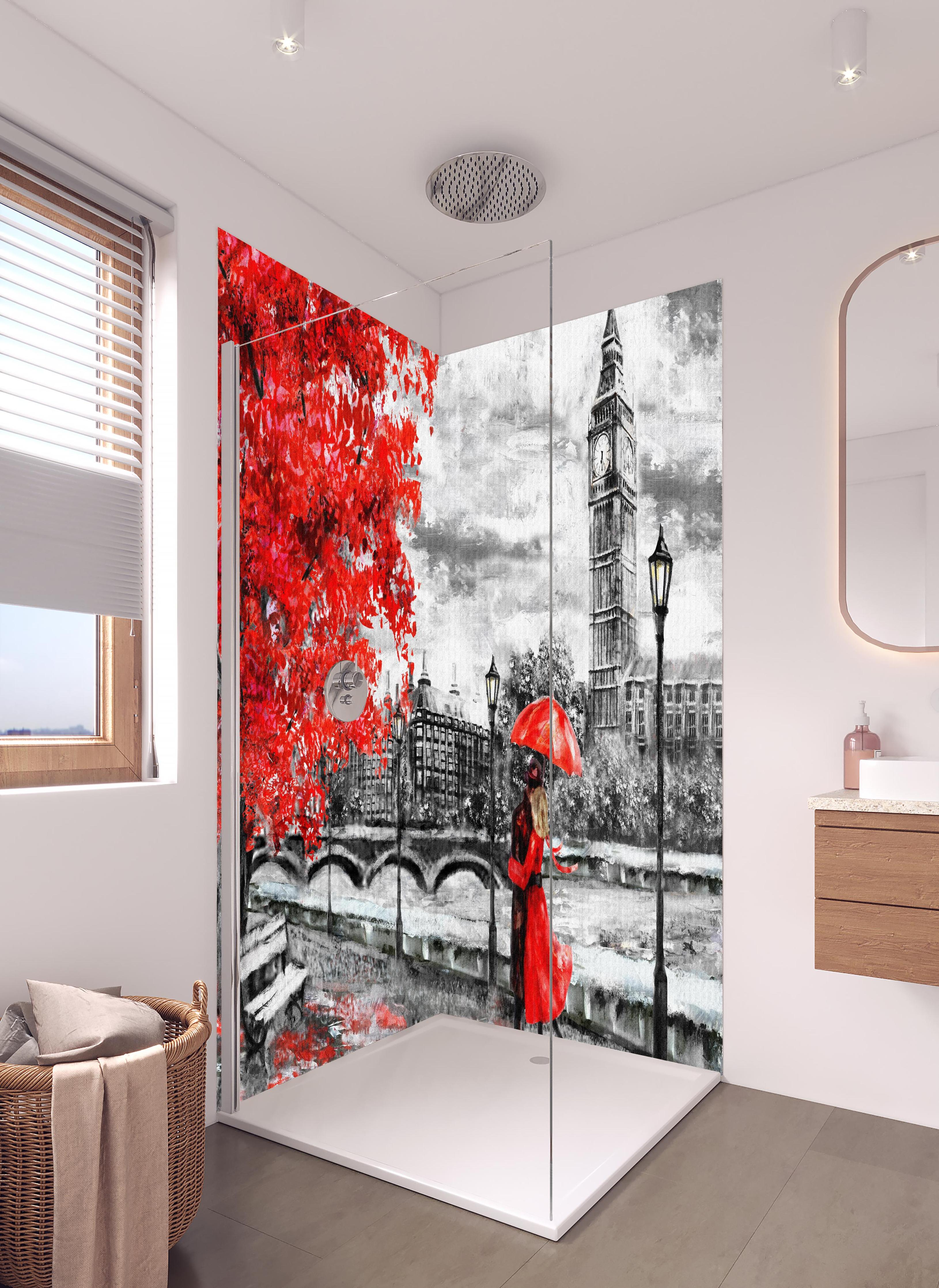 Duschrückwand - romantisierte Szenerie von Paar in London in hellem Badezimmer mit Regenduschkopf - zweiteilige Eck-Duschrückwand