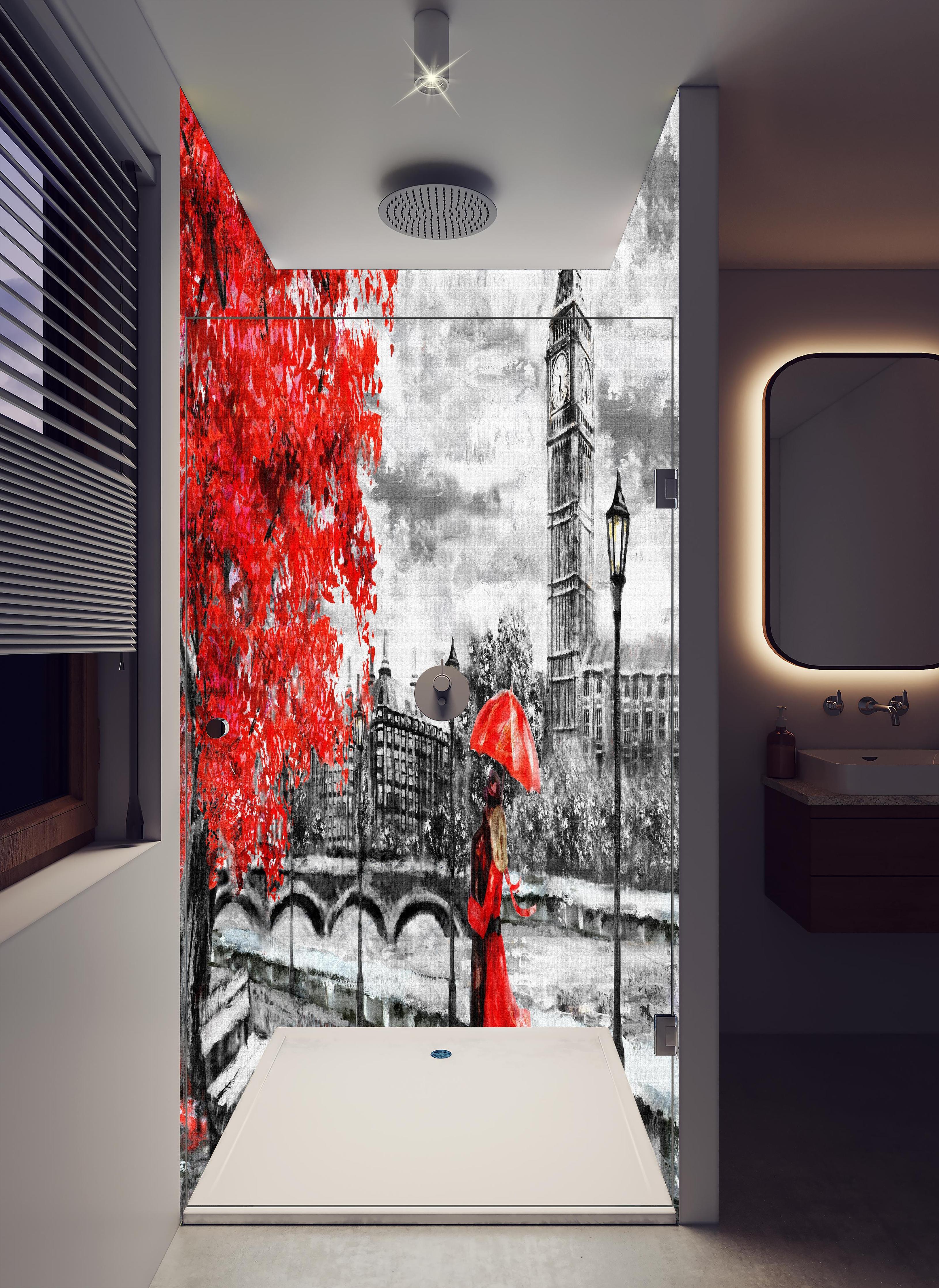 Duschrückwand - romantisierte Szenerie von Paar in London in hellem Badezimmer mit Regenduschkopf - zweiteilige Eck-Duschrückwand