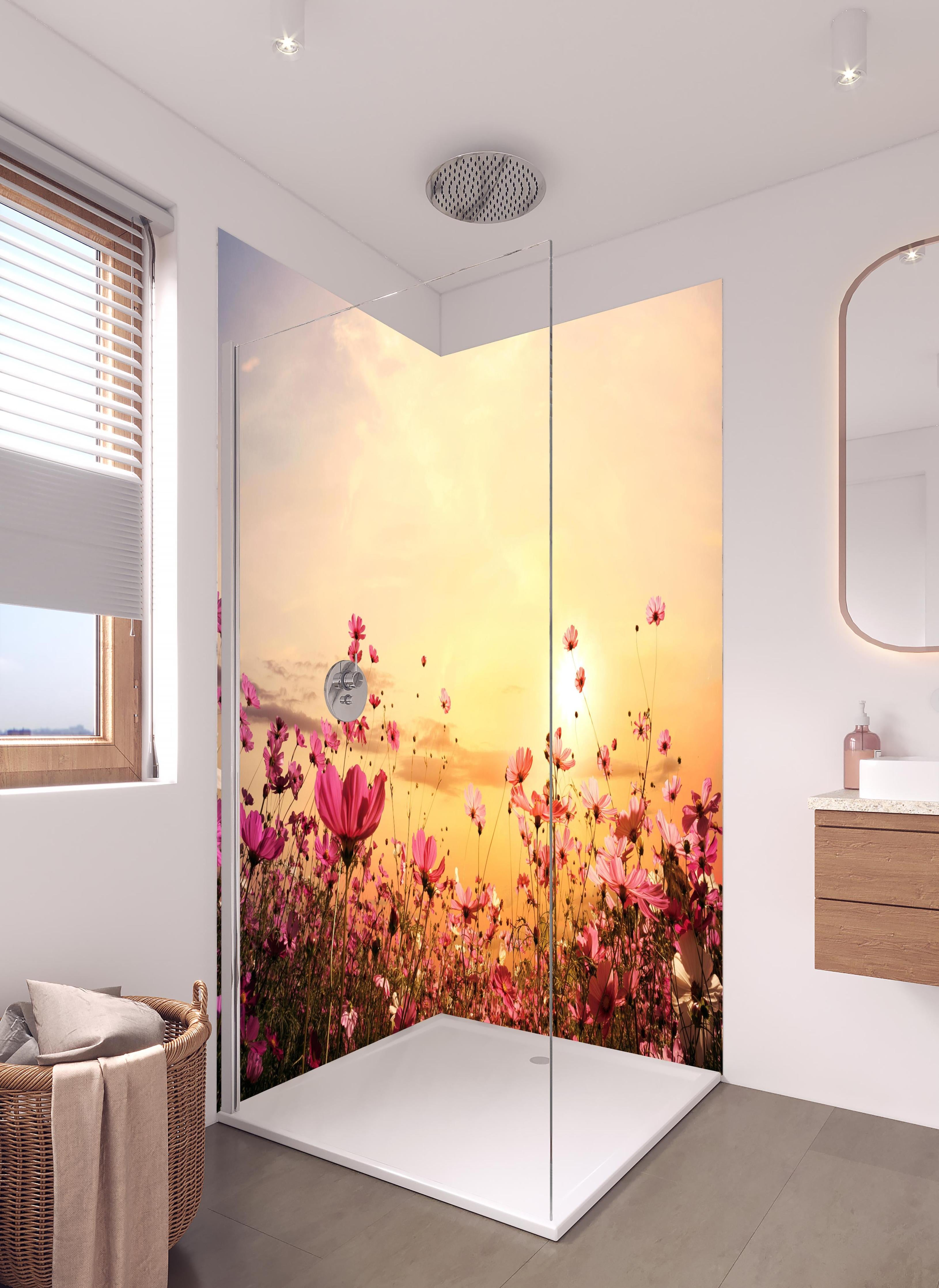 Duschrückwand - rosa Kosmosblumenfeld in hellem Badezimmer mit Regenduschkopf - zweiteilige Eck-Duschrückwand