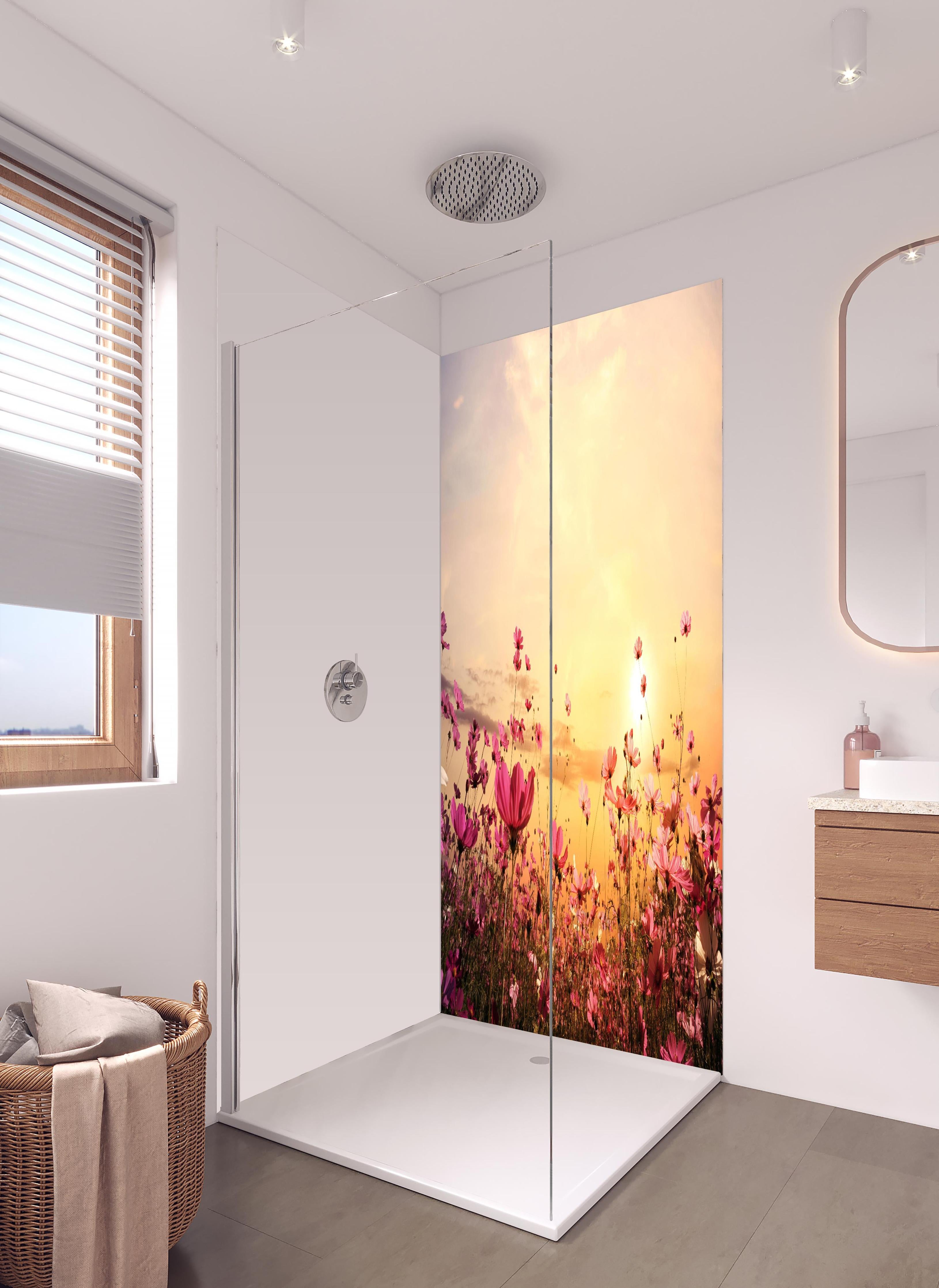Duschrückwand - rosa Kosmosblumenfeld in hellem Badezimmer mit Regenduschkopf - zweiteilige Eck-Duschrückwand