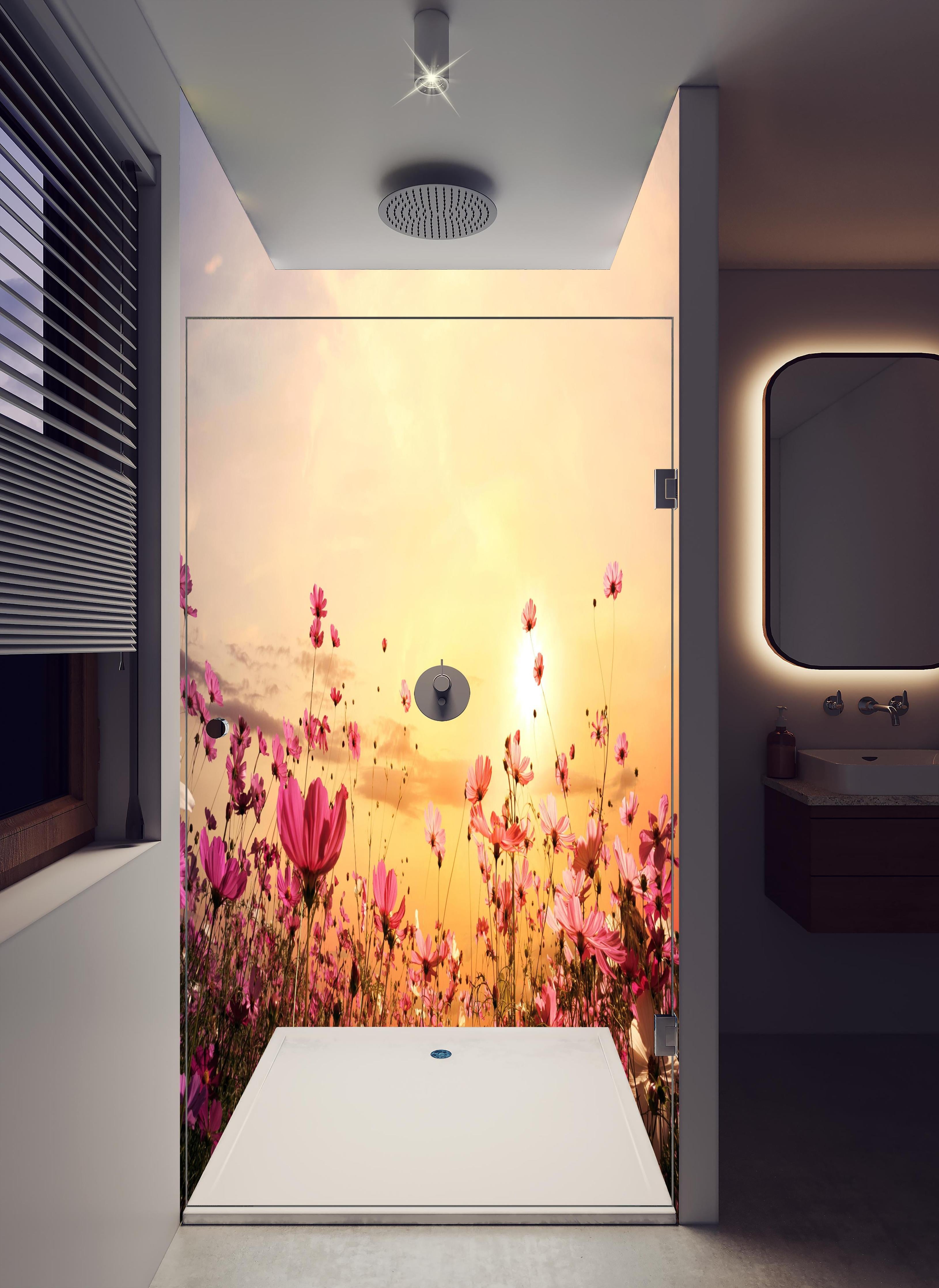 Duschrückwand - rosa Kosmosblumenfeld in hellem Badezimmer mit Regenduschkopf - zweiteilige Eck-Duschrückwand