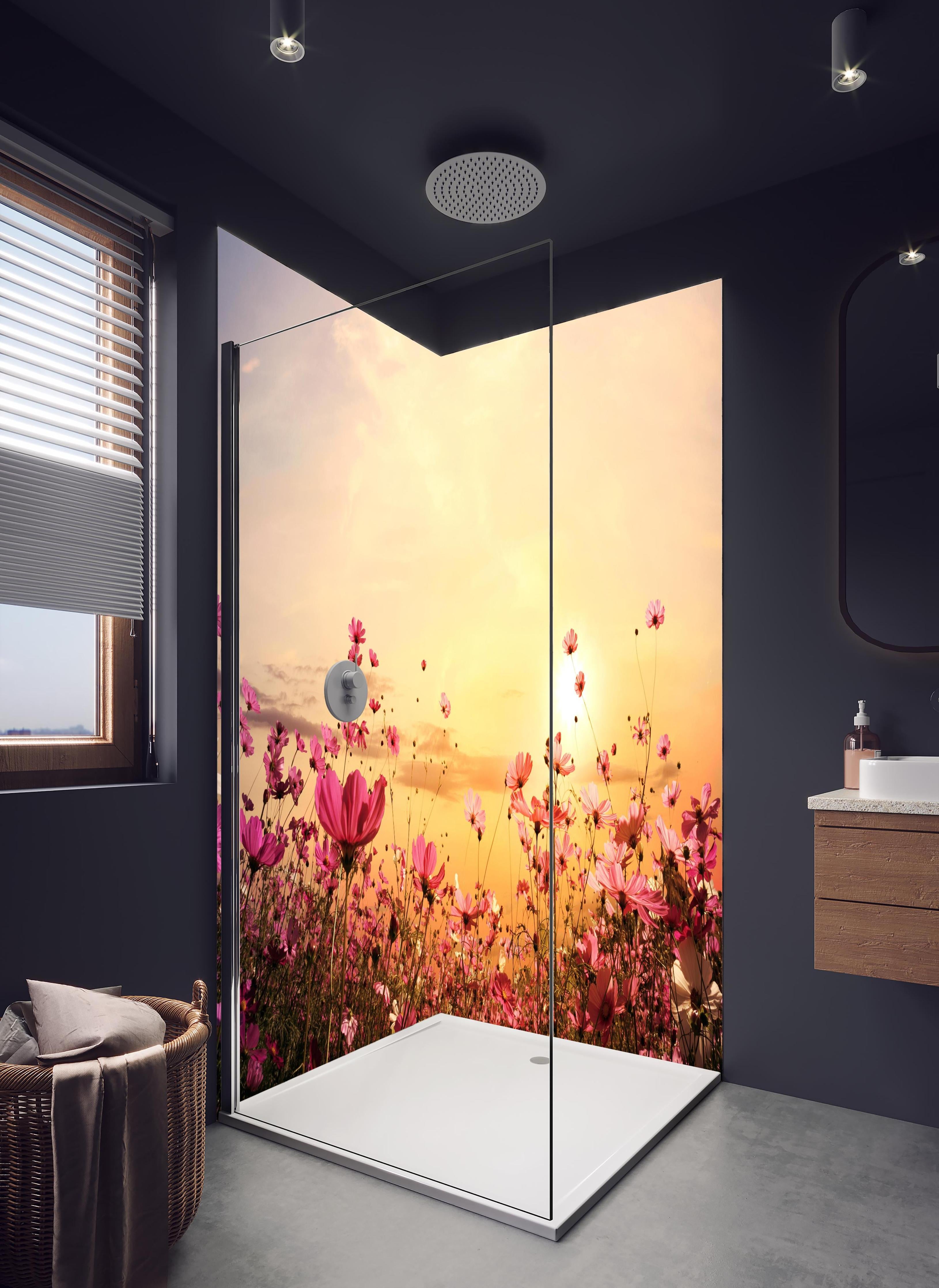 Duschrückwand - rosa Kosmosblumenfeld in hellem Badezimmer mit Regenduschkopf - zweiteilige Eck-Duschrückwand