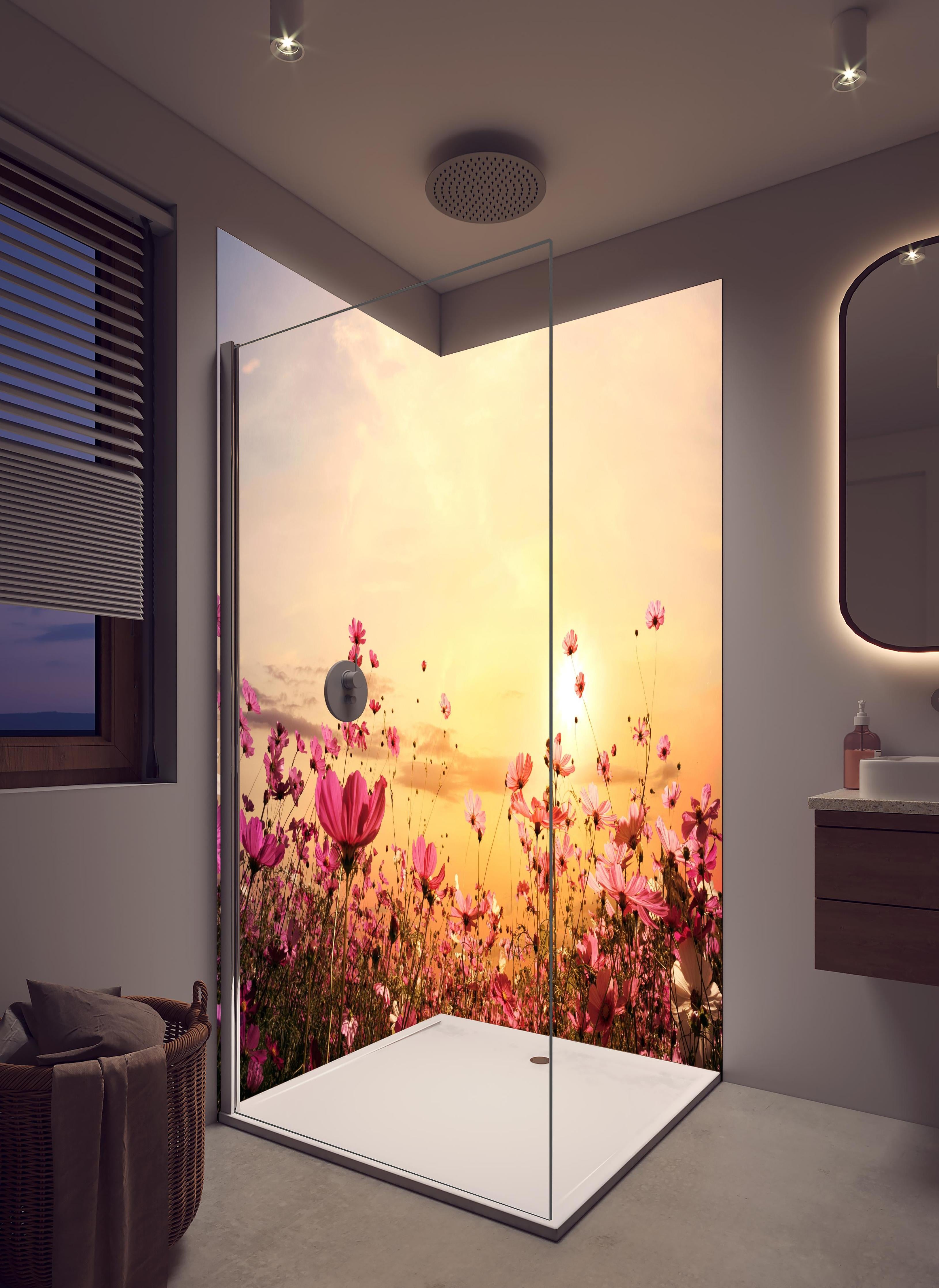Duschrückwand - rosa Kosmosblumenfeld in hellem Badezimmer mit Regenduschkopf - zweiteilige Eck-Duschrückwand