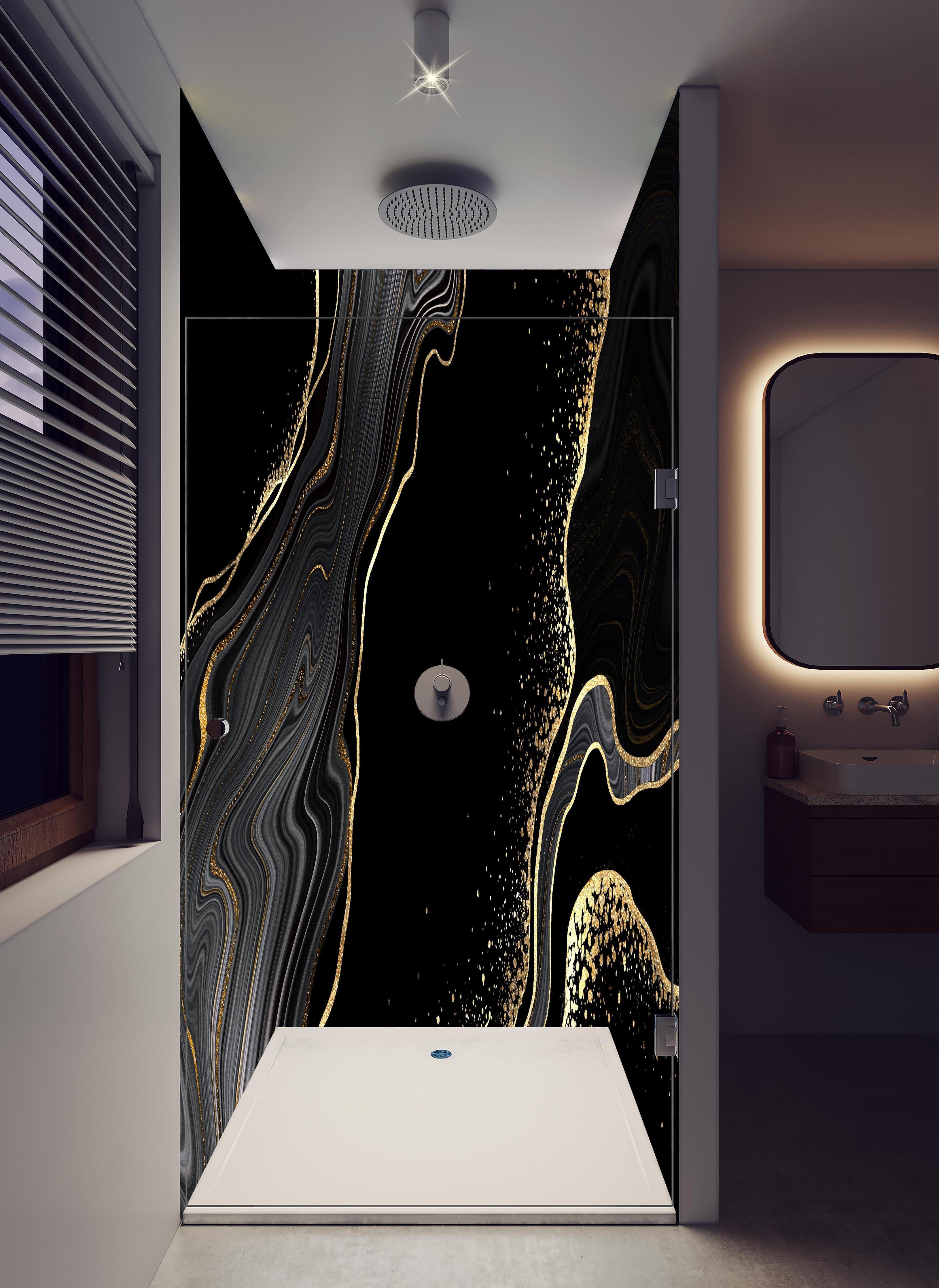 Duschrückwand - schwarzer Achat Hintergrund mit goldenen Adern in hellem Badezimmer mit Regenduschkopf - zweiteilige Eck-Duschrückwand