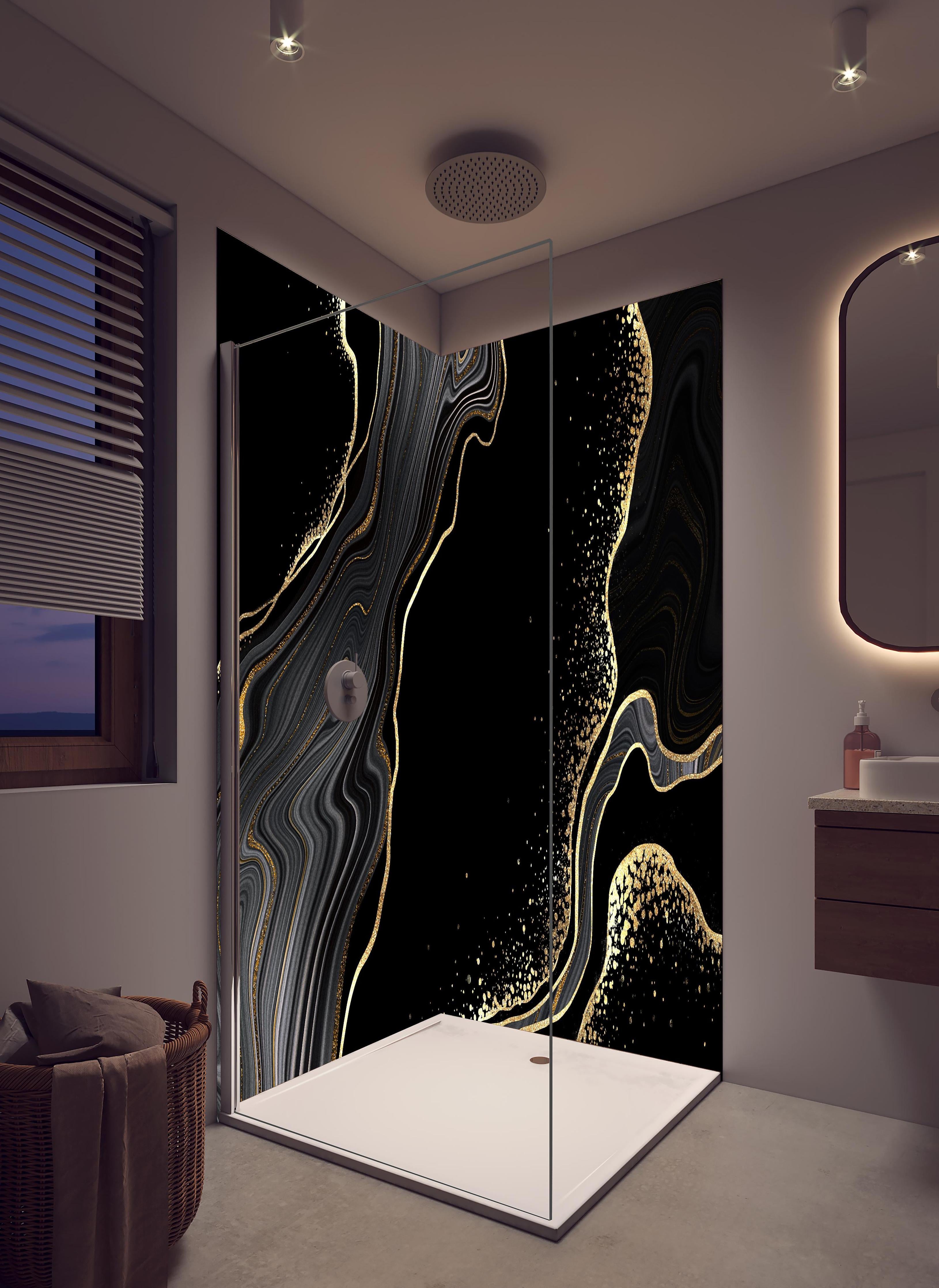 Duschrückwand - schwarzer Achat Hintergrund mit goldenen Adern in hellem Badezimmer mit Regenduschkopf - zweiteilige Eck-Duschrückwand