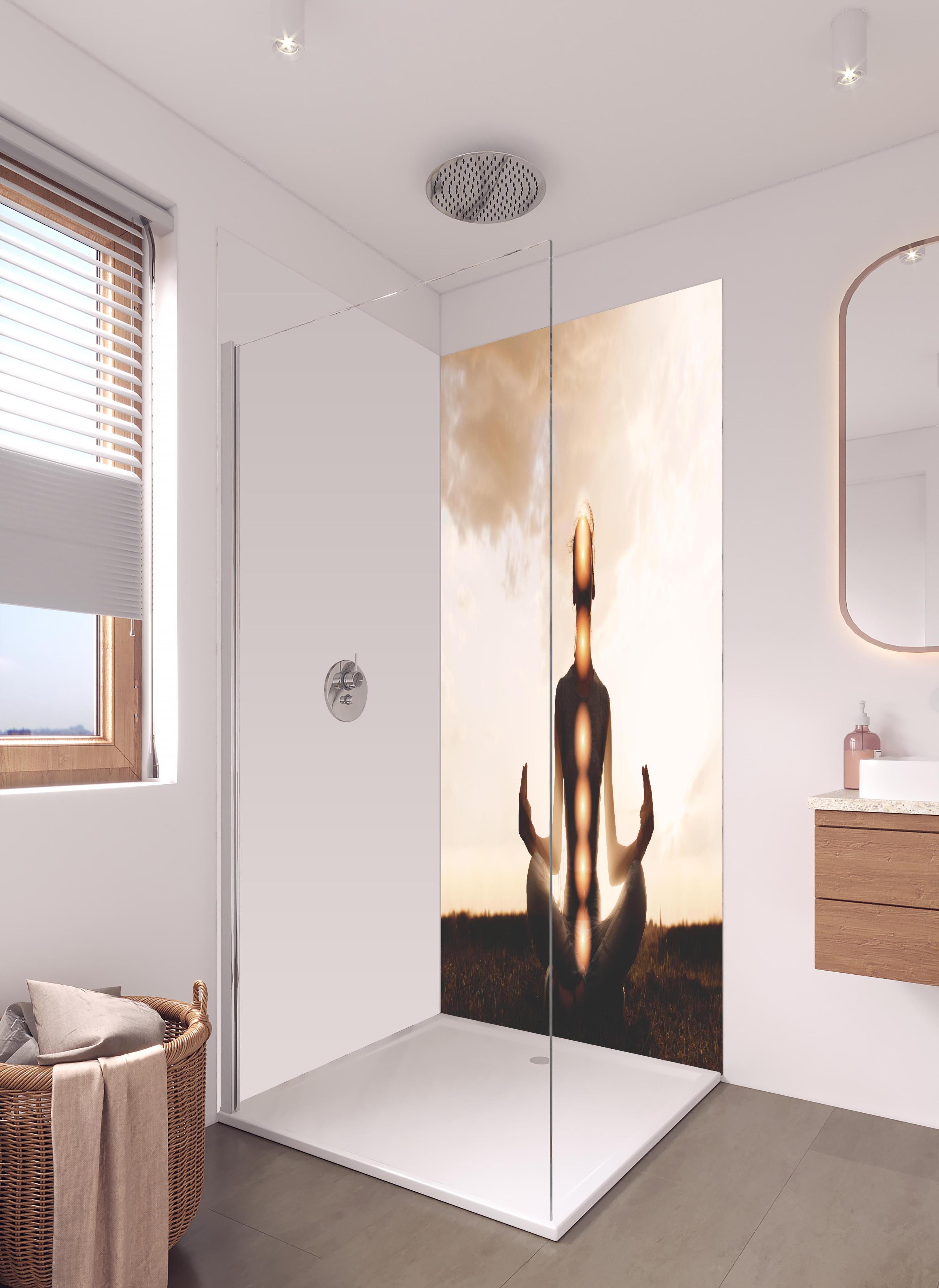 Duschrückwand - spirituelle Energie einer Frau beim Meditieren in hellem Badezimmer mit Regenduschkopf - zweiteilige Eck-Duschrückwand