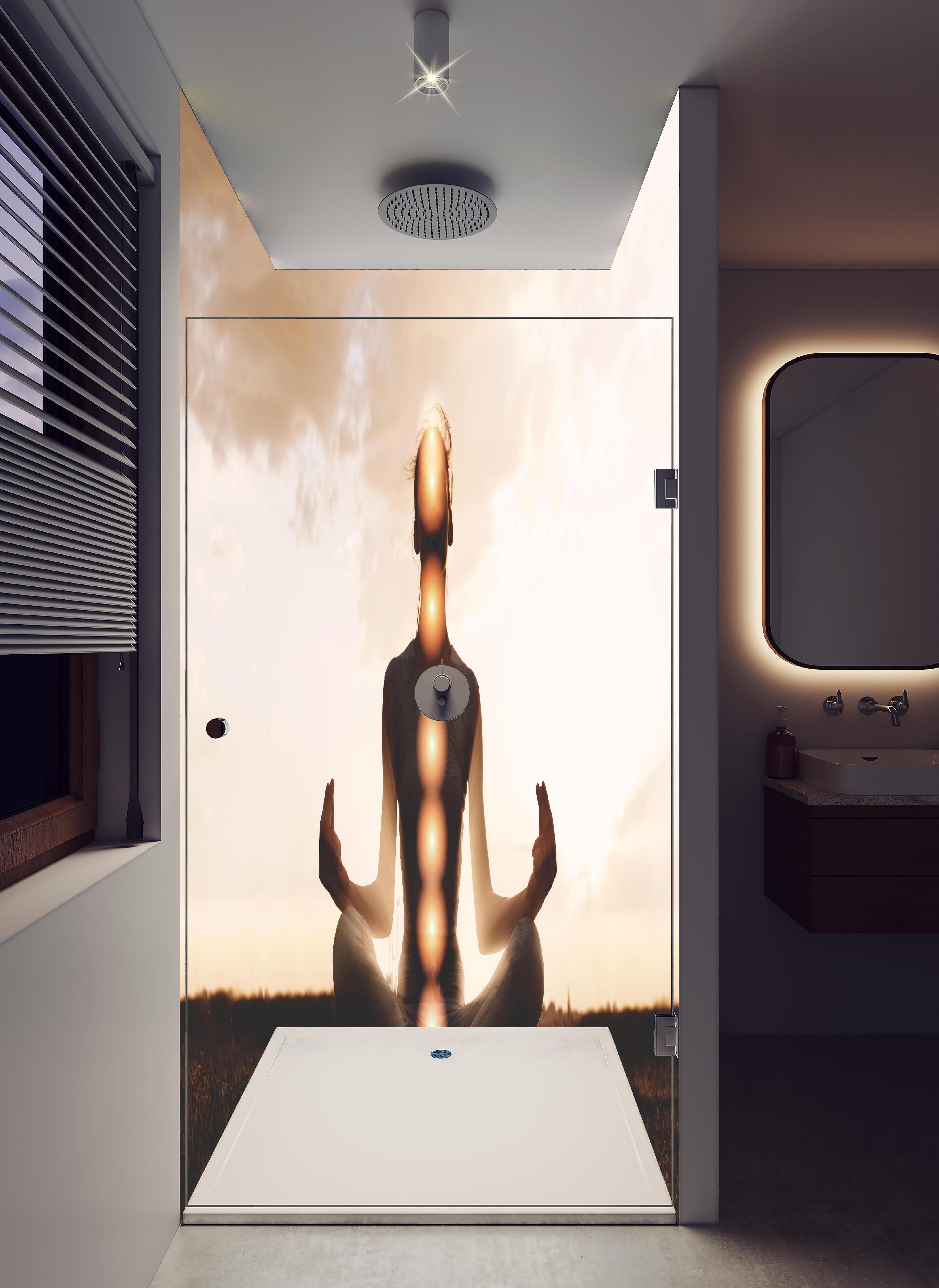 Duschrückwand - spirituelle Energie einer Frau beim Meditieren in hellem Badezimmer mit Regenduschkopf - zweiteilige Eck-Duschrückwand