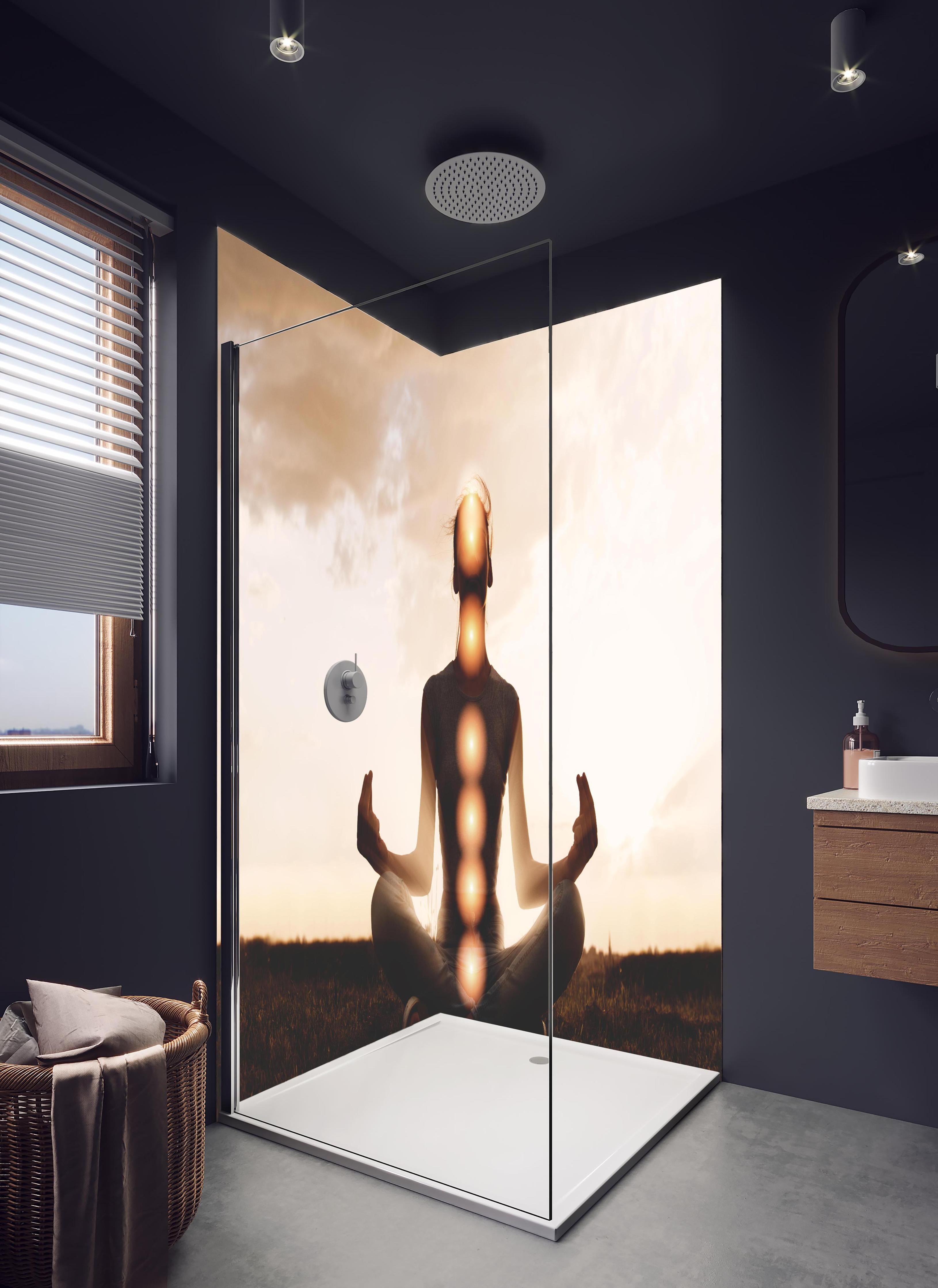Duschrückwand - spirituelle Energie einer Frau beim Meditieren in hellem Badezimmer mit Regenduschkopf - zweiteilige Eck-Duschrückwand