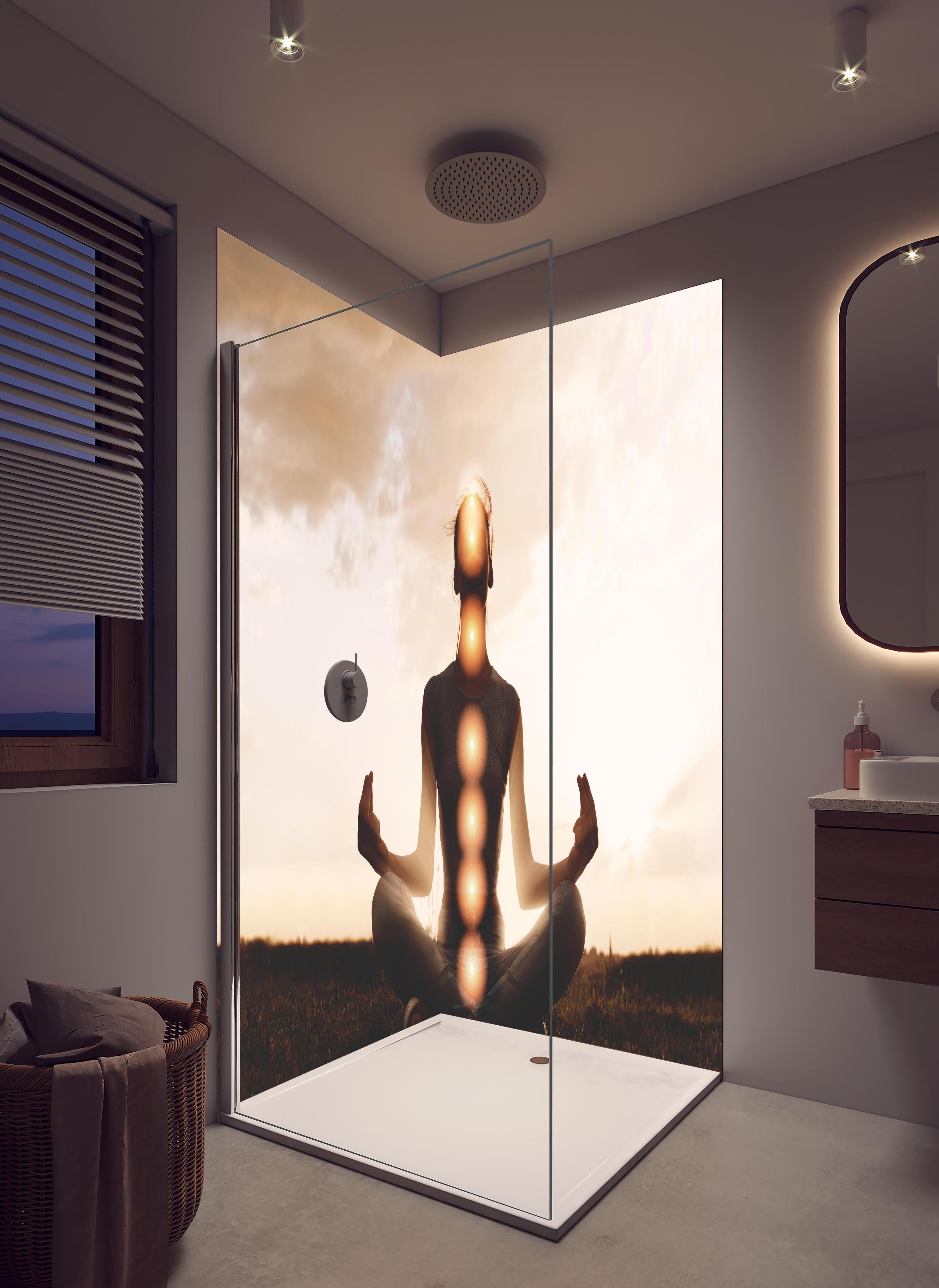 Duschrückwand - spirituelle Energie einer Frau beim Meditieren in hellem Badezimmer mit Regenduschkopf - zweiteilige Eck-Duschrückwand
