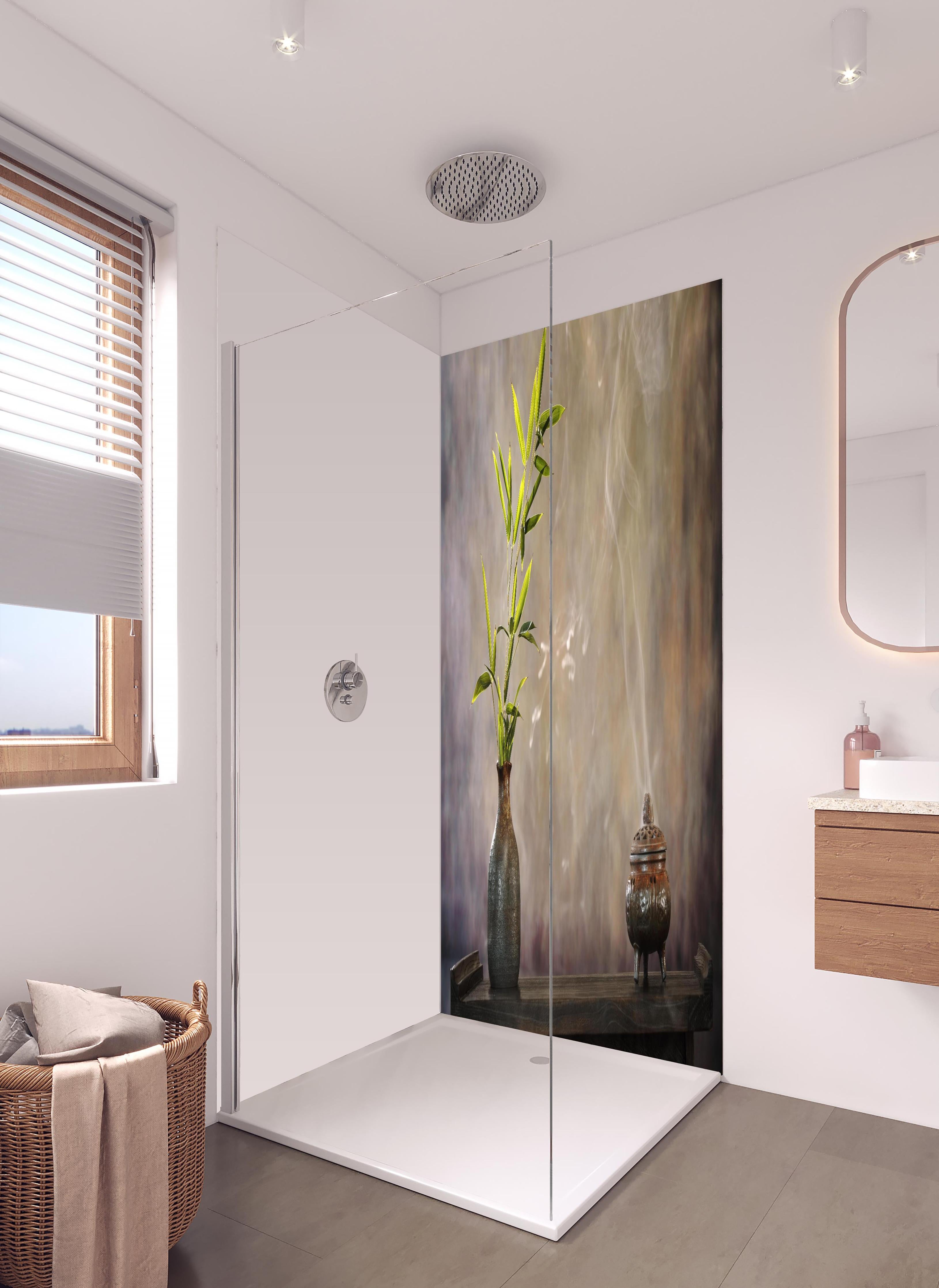 Duschrückwand - spirituelles Spa-Stillleben in hellem Badezimmer mit Regenduschkopf - zweiteilige Eck-Duschrückwand