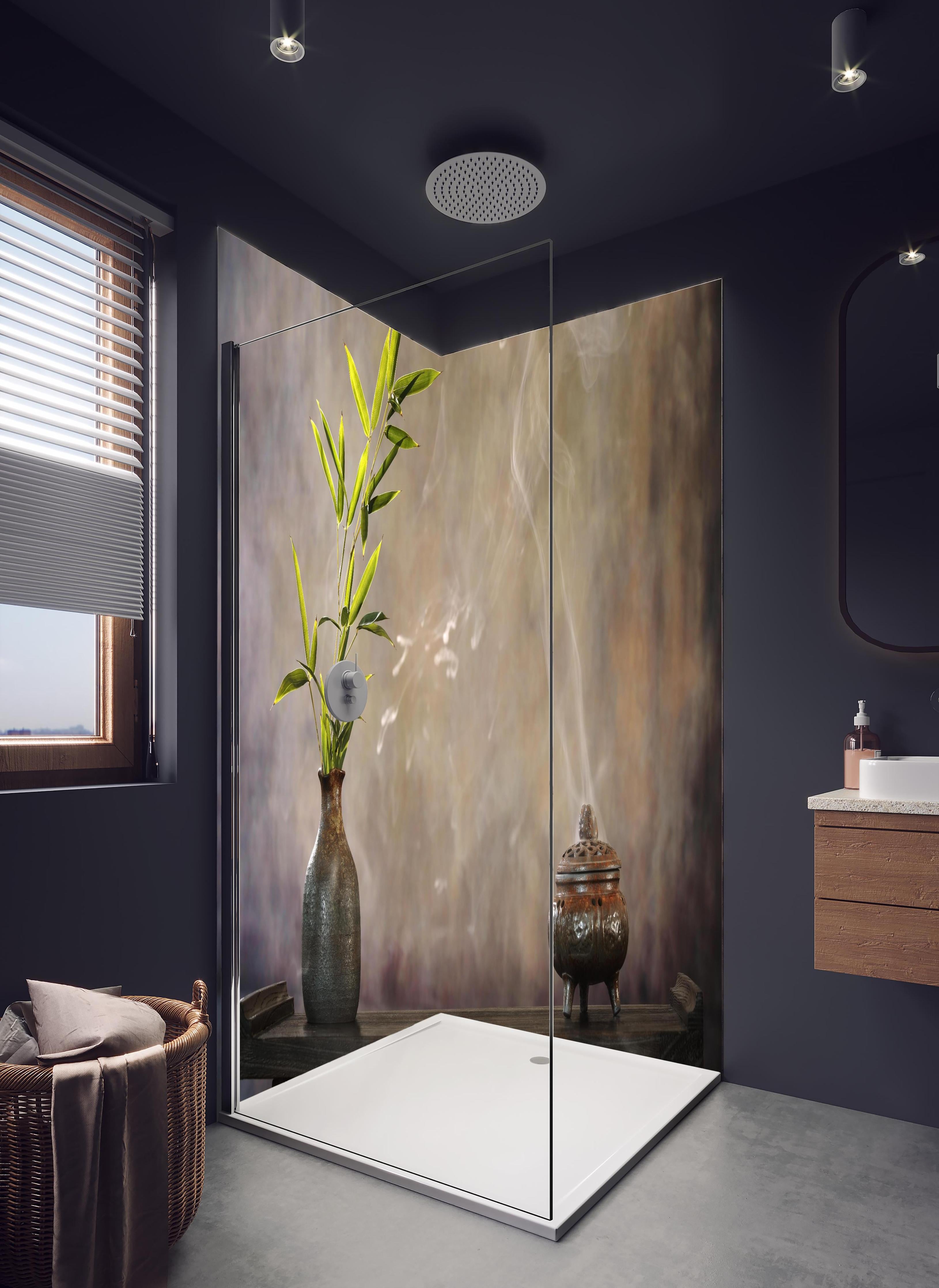 Duschrückwand - spirituelles Spa-Stillleben in hellem Badezimmer mit Regenduschkopf - zweiteilige Eck-Duschrückwand