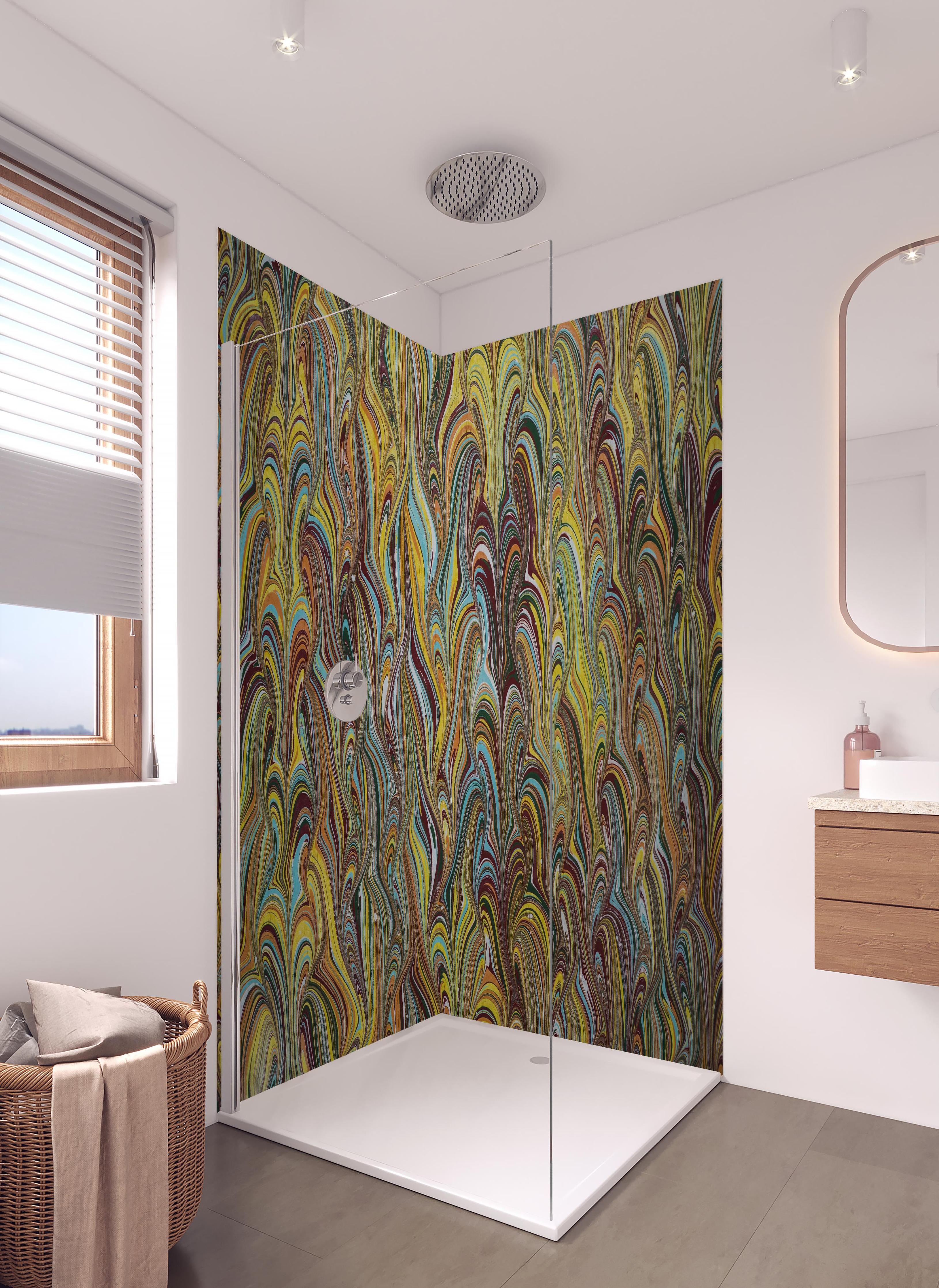 Duschrückwand - traditionelles türkisches Ebru - Papier in hellem Badezimmer mit Regenduschkopf - zweiteilige Eck-Duschrückwand