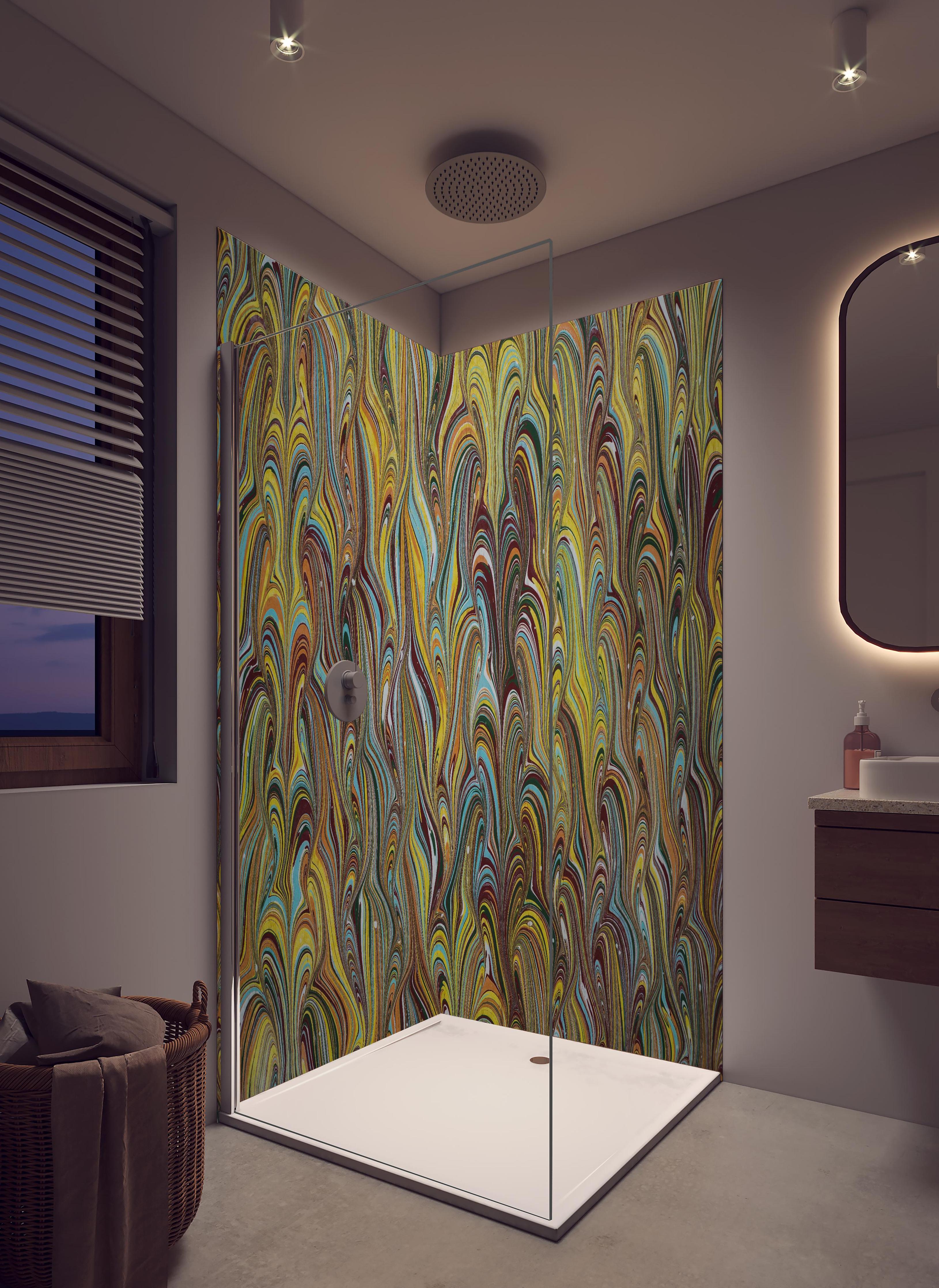 Duschrückwand - traditionelles türkisches Ebru - Papier in hellem Badezimmer mit Regenduschkopf - zweiteilige Eck-Duschrückwand
