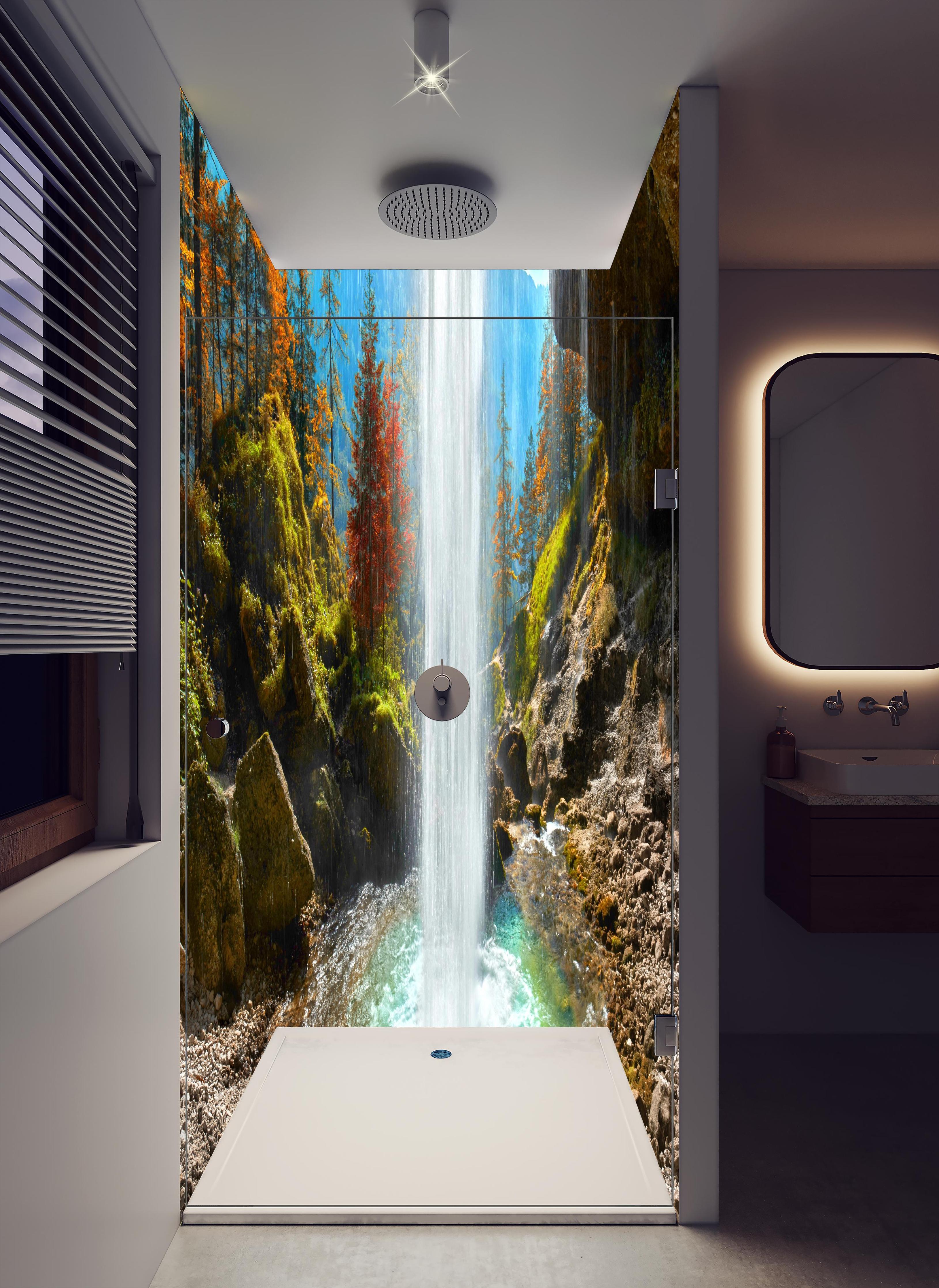 Duschrückwand - türkiser Wasserfall in Slowenien in hellem Badezimmer mit Regenduschkopf - zweiteilige Eck-Duschrückwand