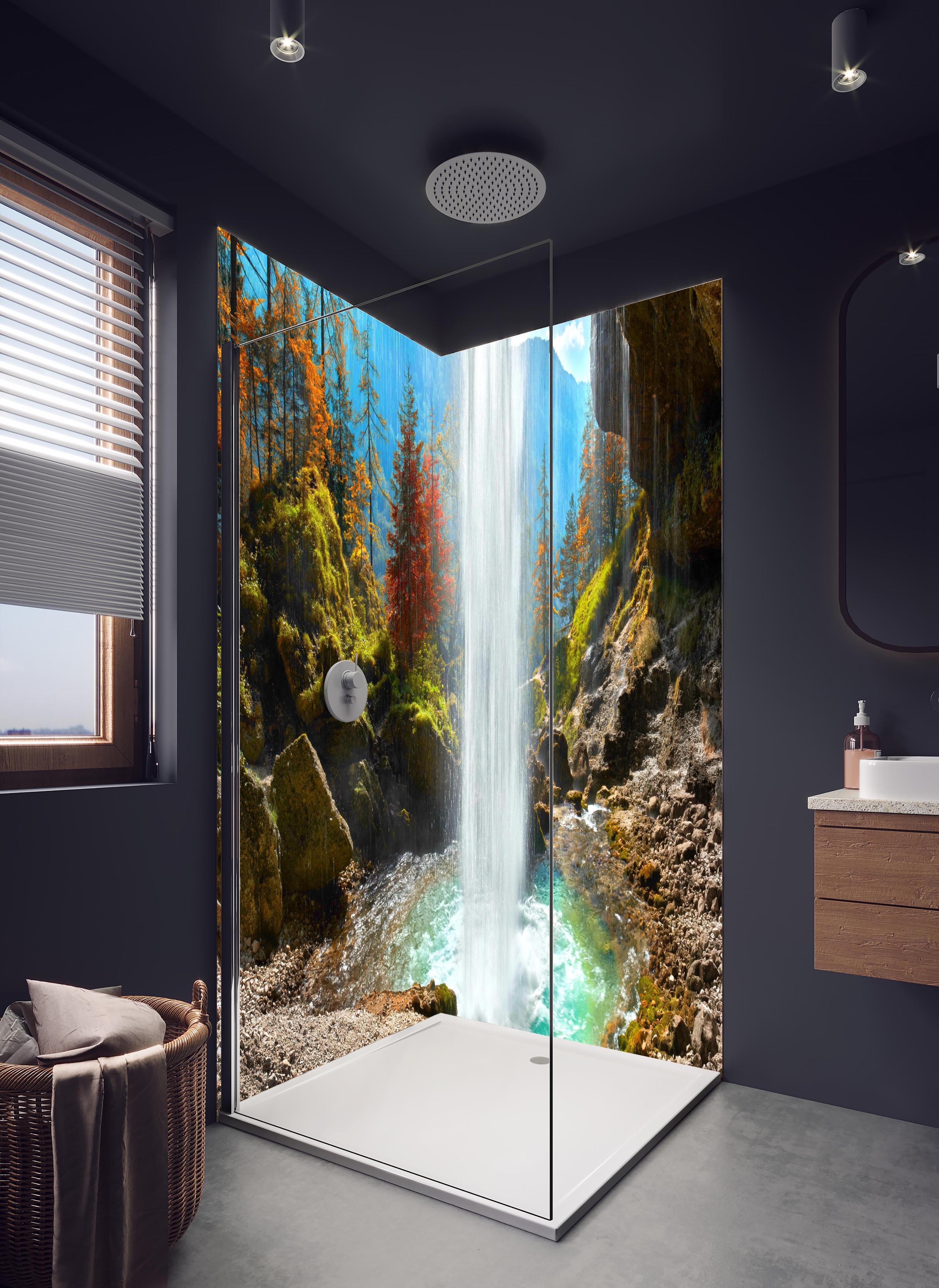 Duschrückwand - türkiser Wasserfall in Slowenien in hellem Badezimmer mit Regenduschkopf - zweiteilige Eck-Duschrückwand