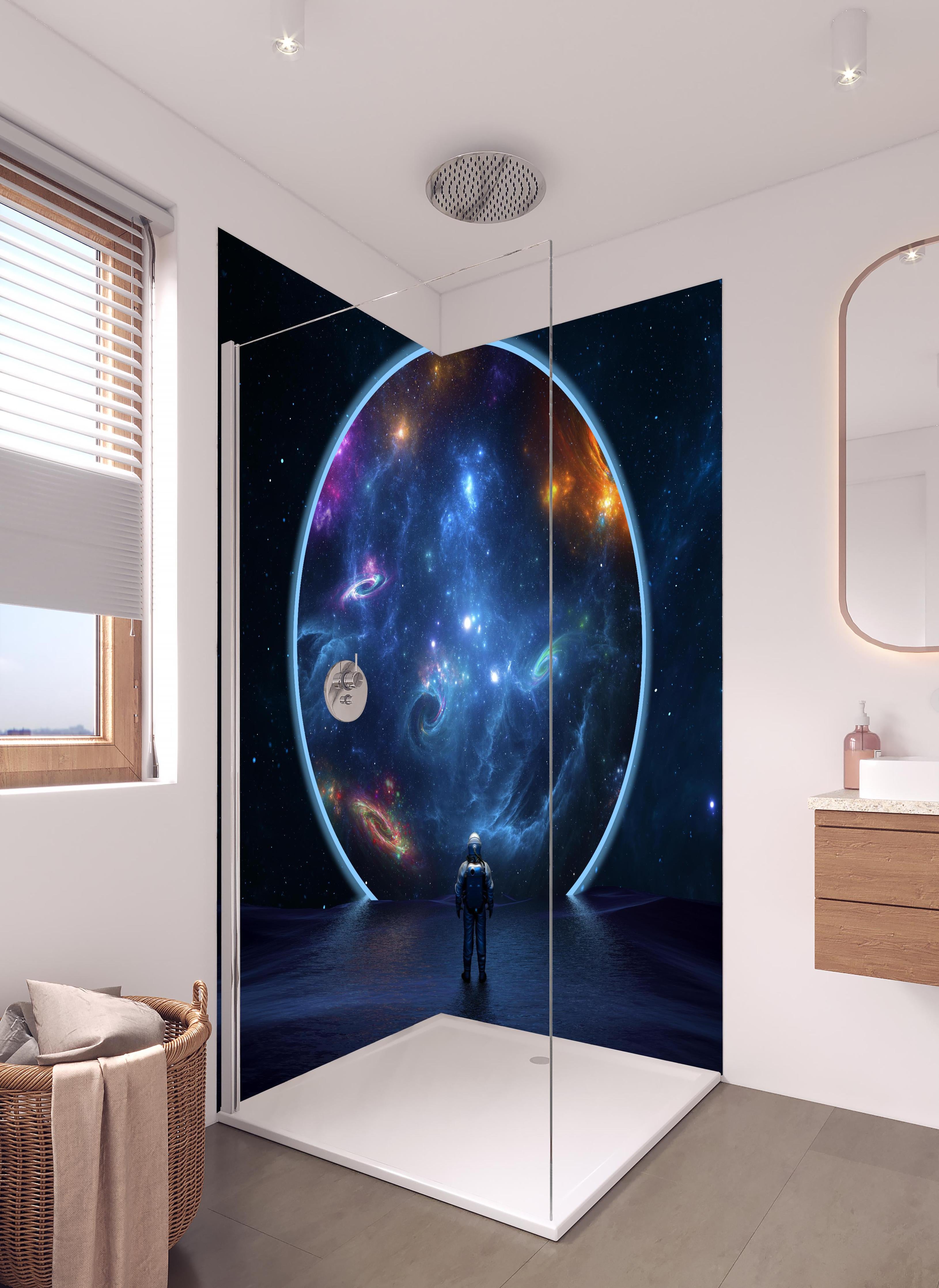 Duschrückwand - überspitze Darstellung - Weltall in hellem Badezimmer mit Regenduschkopf - zweiteilige Eck-Duschrückwand