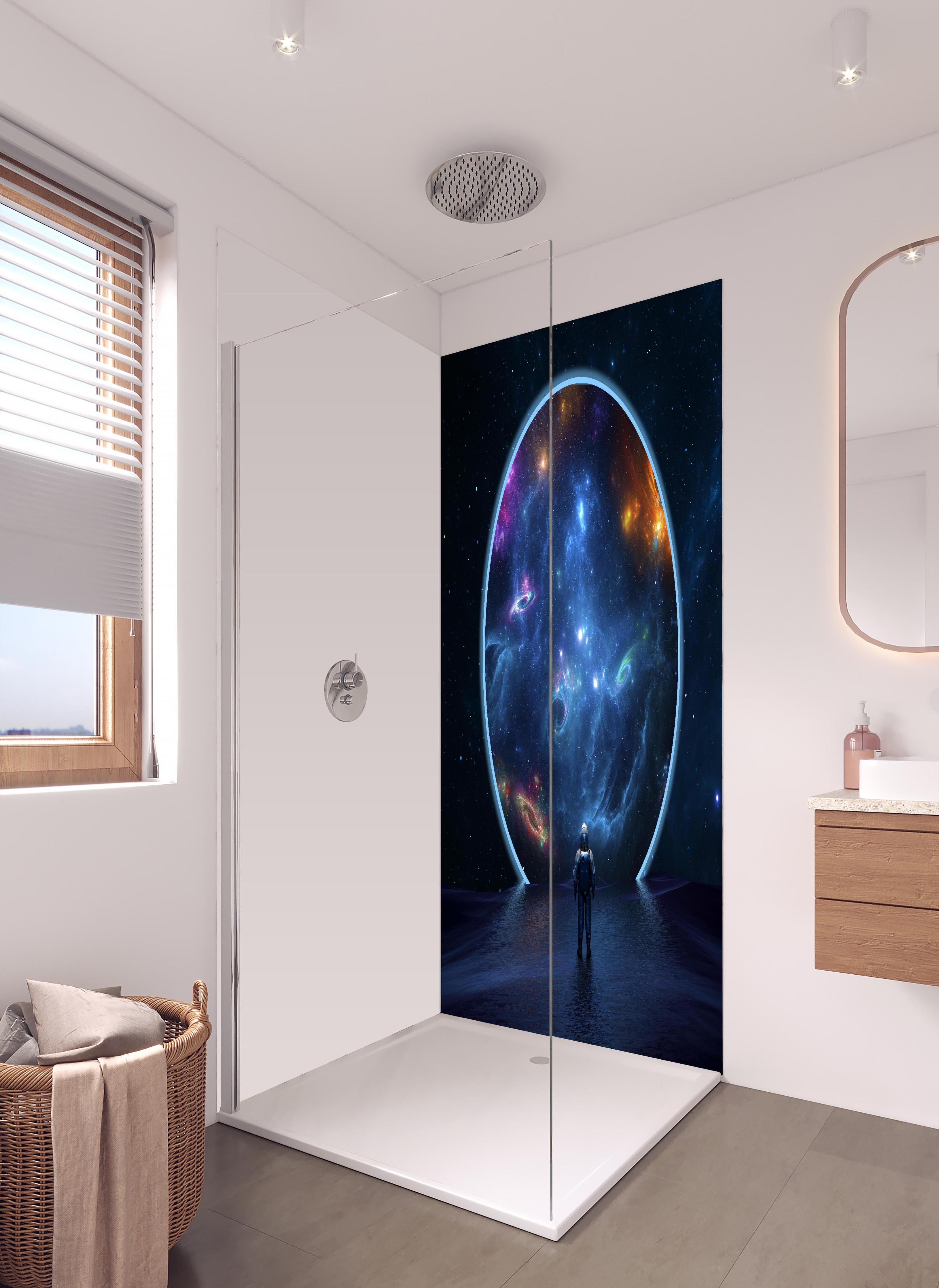 Duschrückwand - überspitze Darstellung - Weltall in hellem Badezimmer mit Regenduschkopf - zweiteilige Eck-Duschrückwand
