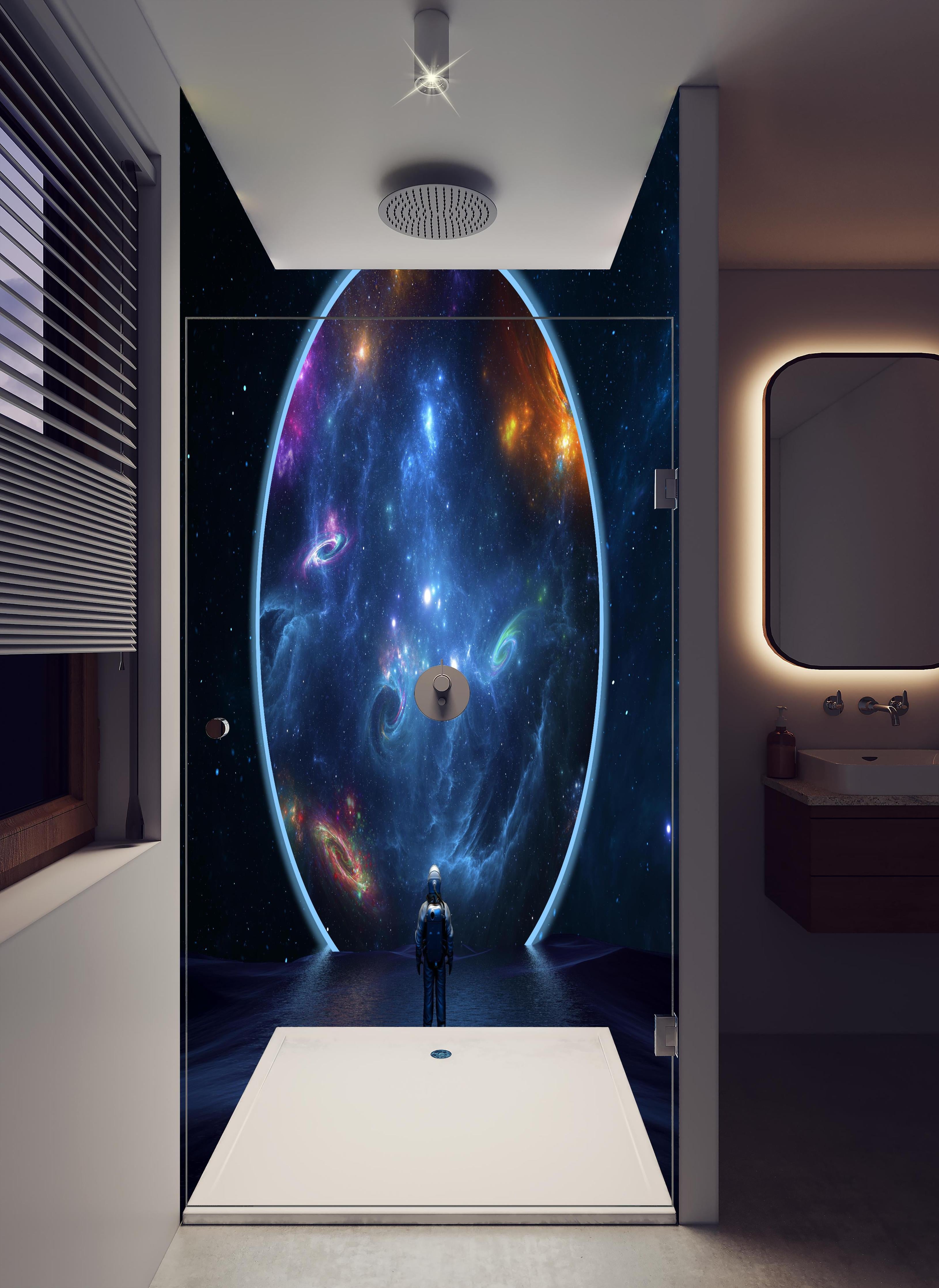 Duschrückwand - überspitze Darstellung - Weltall in hellem Badezimmer mit Regenduschkopf - zweiteilige Eck-Duschrückwand