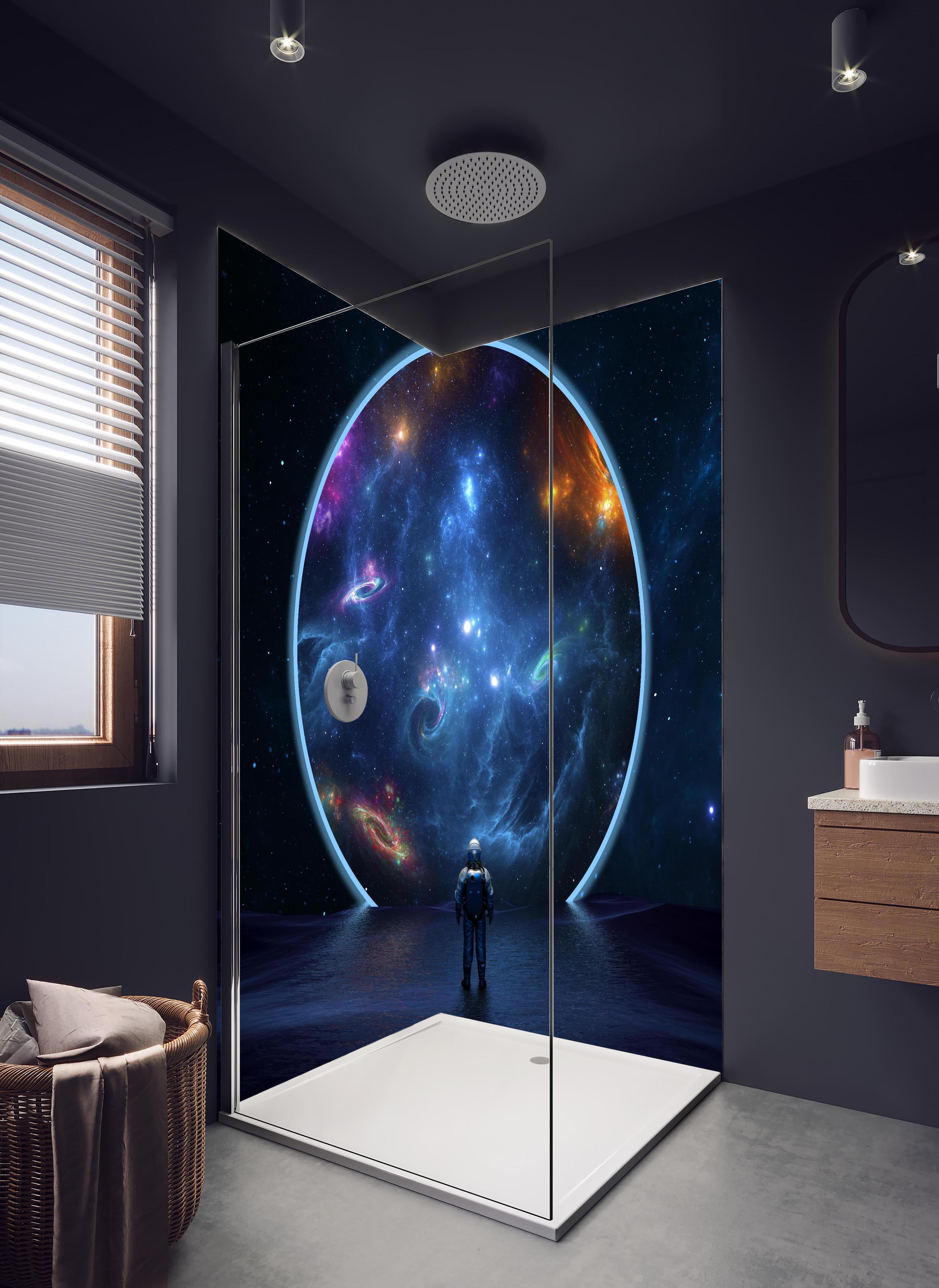 Duschrückwand - überspitze Darstellung - Weltall in hellem Badezimmer mit Regenduschkopf - zweiteilige Eck-Duschrückwand