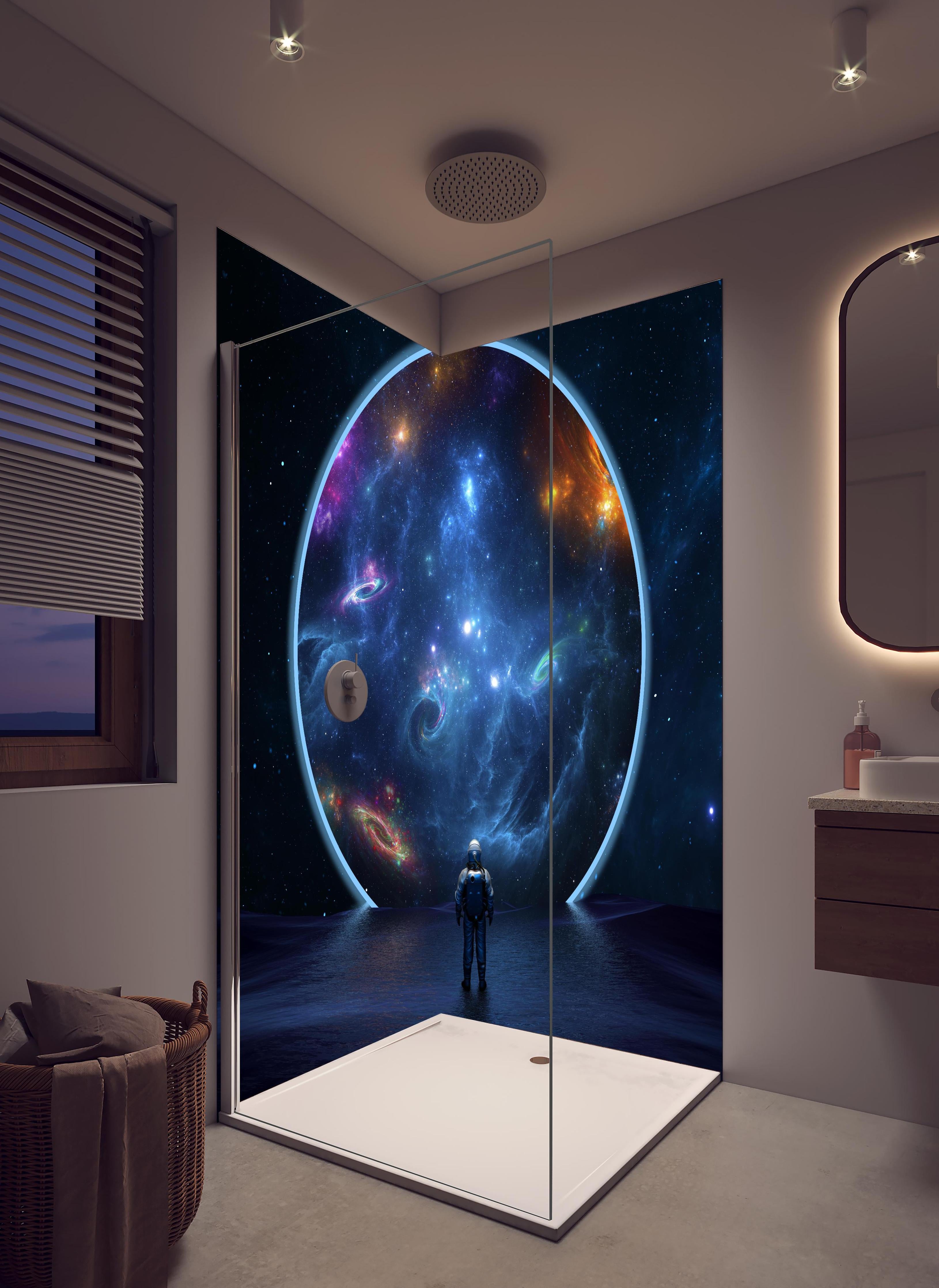 Duschrückwand - überspitze Darstellung - Weltall in hellem Badezimmer mit Regenduschkopf - zweiteilige Eck-Duschrückwand