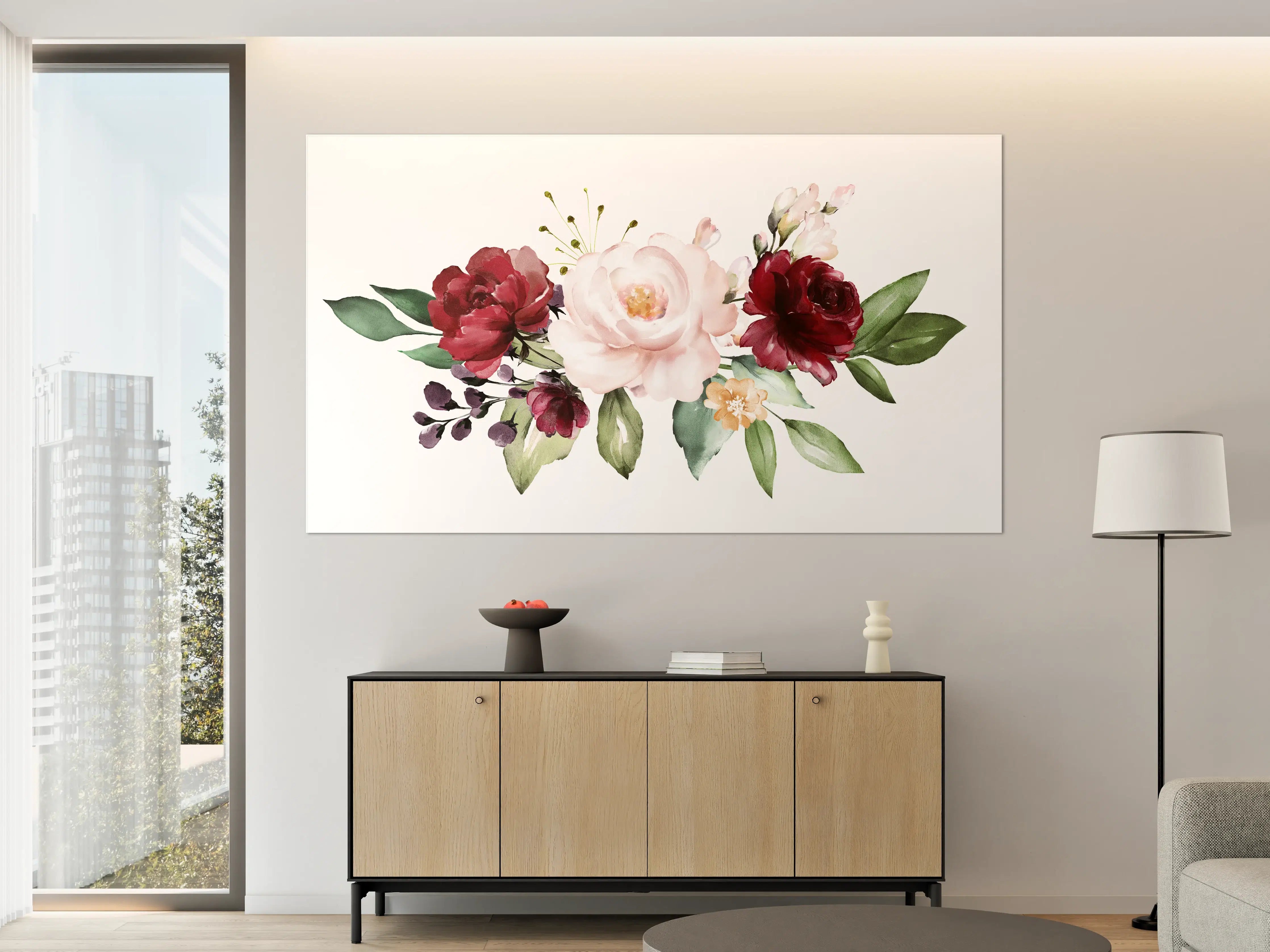 Große Wandbilder - Aquarell bordeauxfarbene Blumen